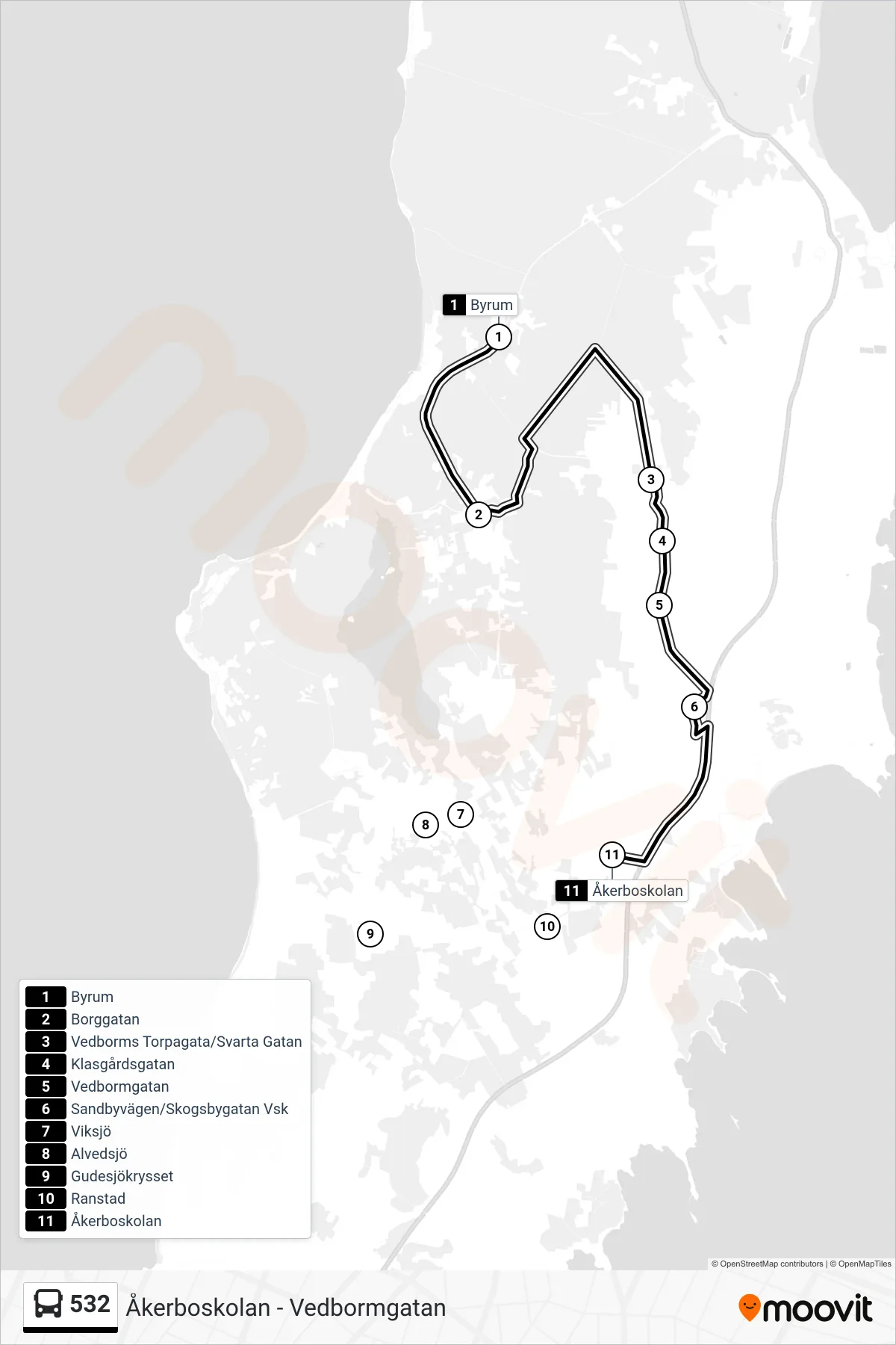 Rutt och hållplatser på karta för linje 532 spårvagn, (Åkerboskolan)