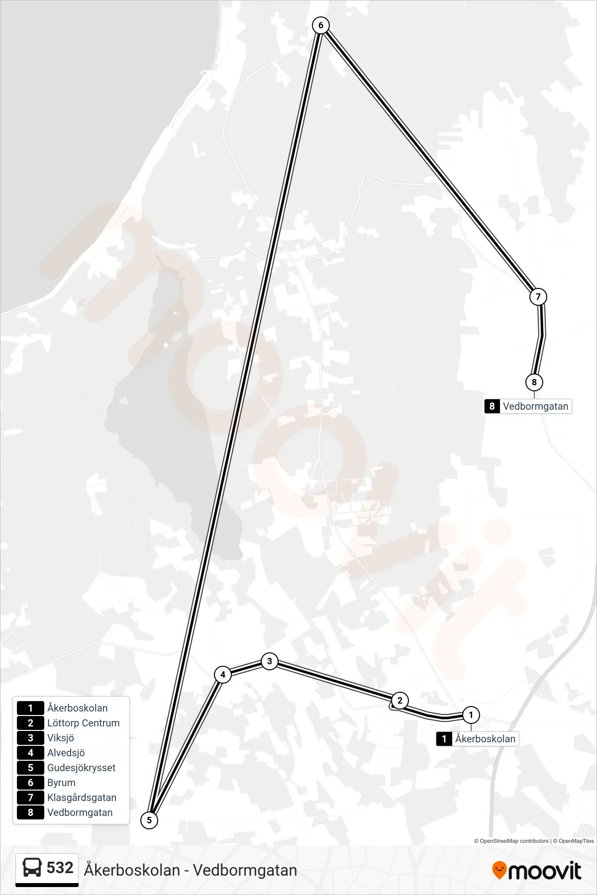Rutt och hållplatser på karta för linje 532 spårvagn, (Vedbormgatan)