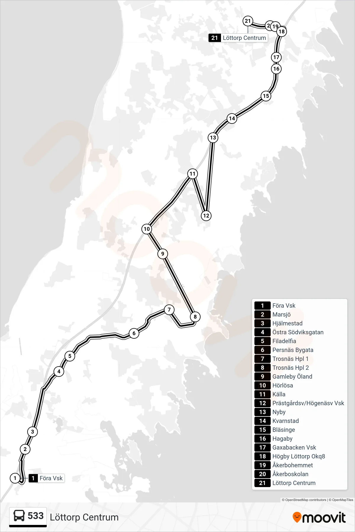 Rutt och hållplatser på karta för linje 533  spårvagn, (Löttorp Centrum)