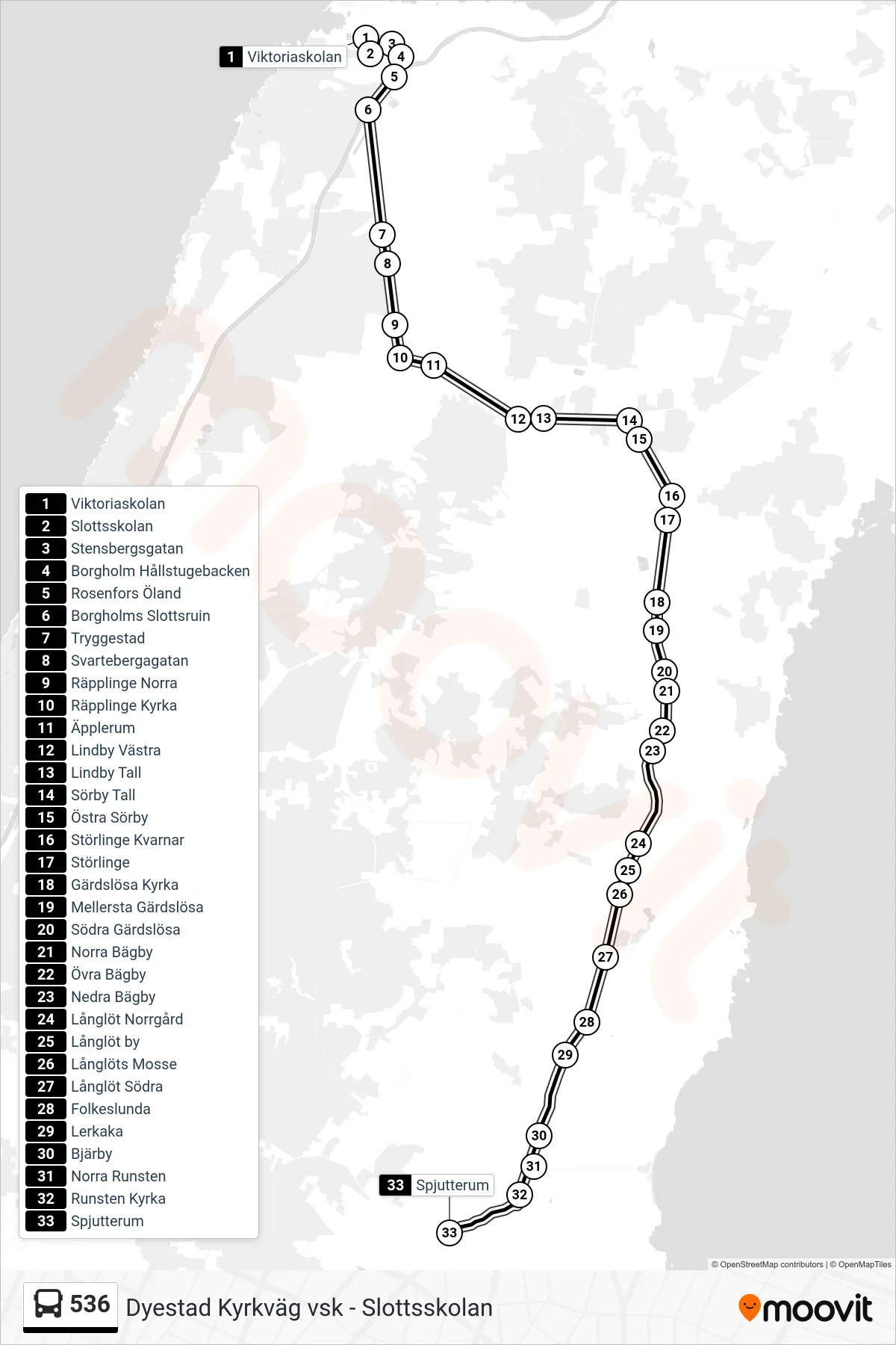 Rutt och hållplatser på karta för linje 536  spårvagn, (Spjutterum)