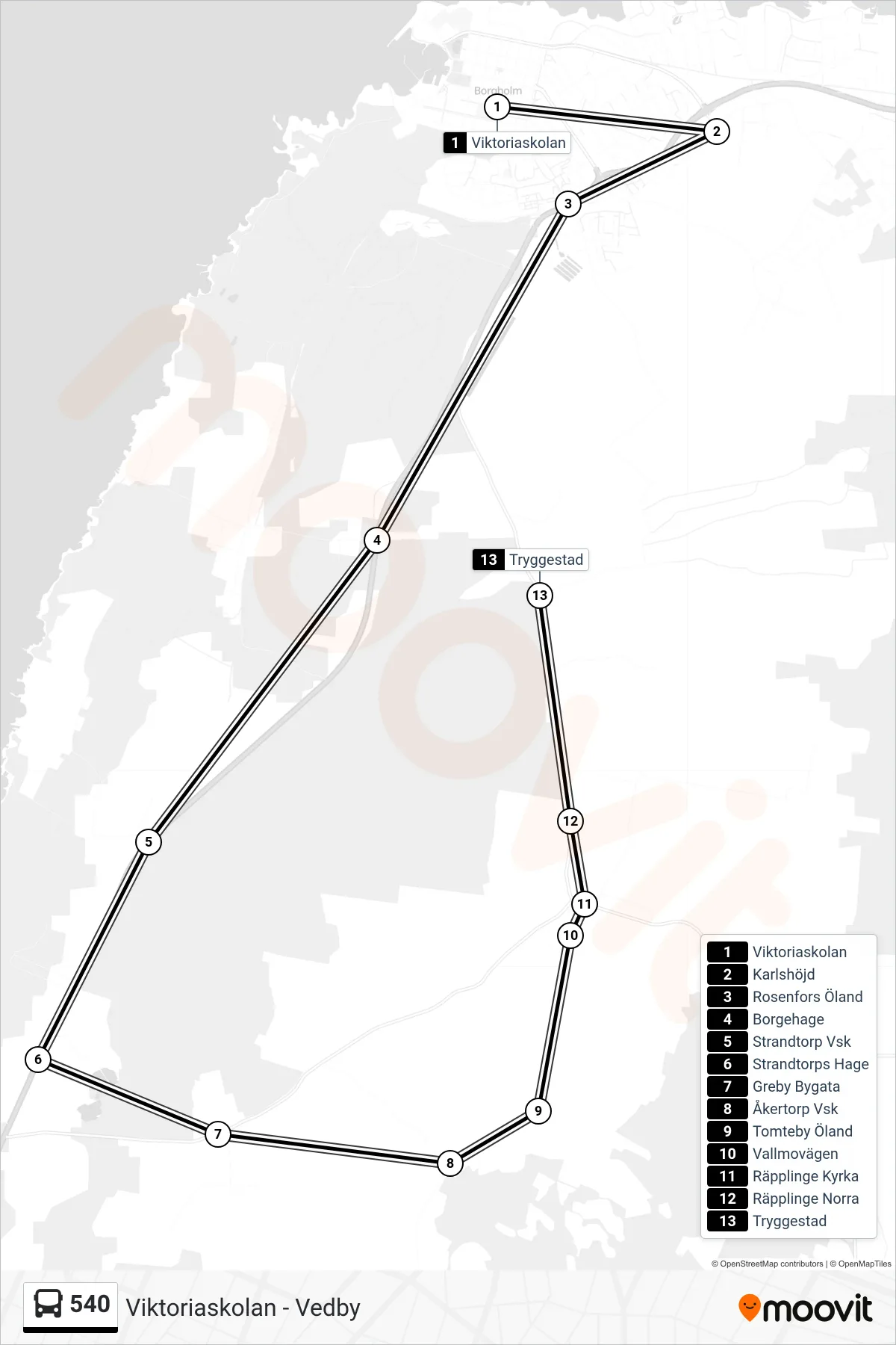 Rutt och hållplatser på karta för linje 540  spårvagn, (Tryggestad)