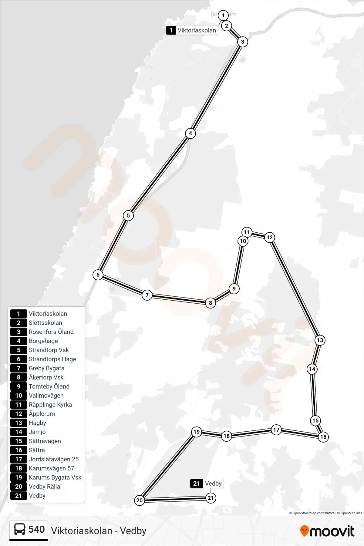 Rutt och hållplatser på karta för linje 540  spårvagn, (Vedby)