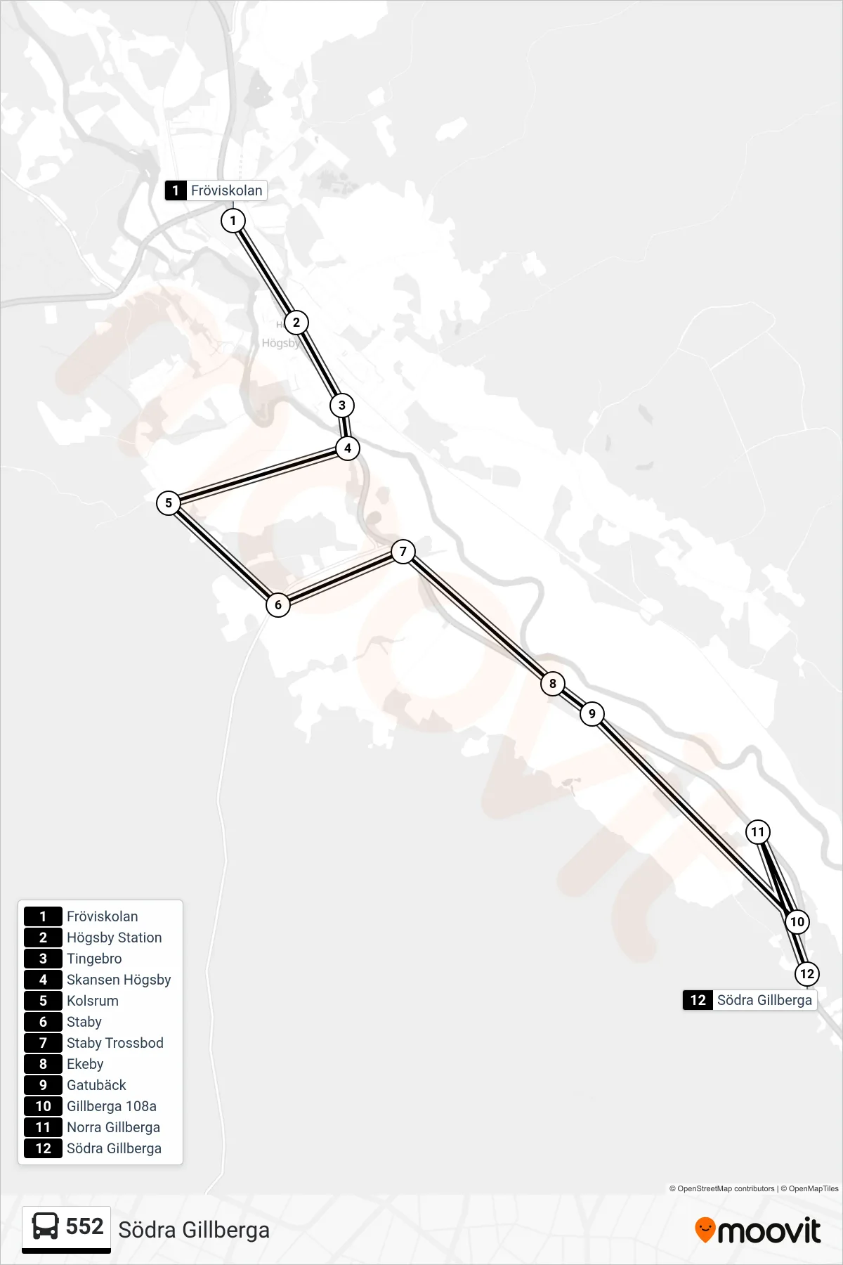 Rutt och hållplatser på karta för linje 552 spårvagn, (Södra Gillberga)