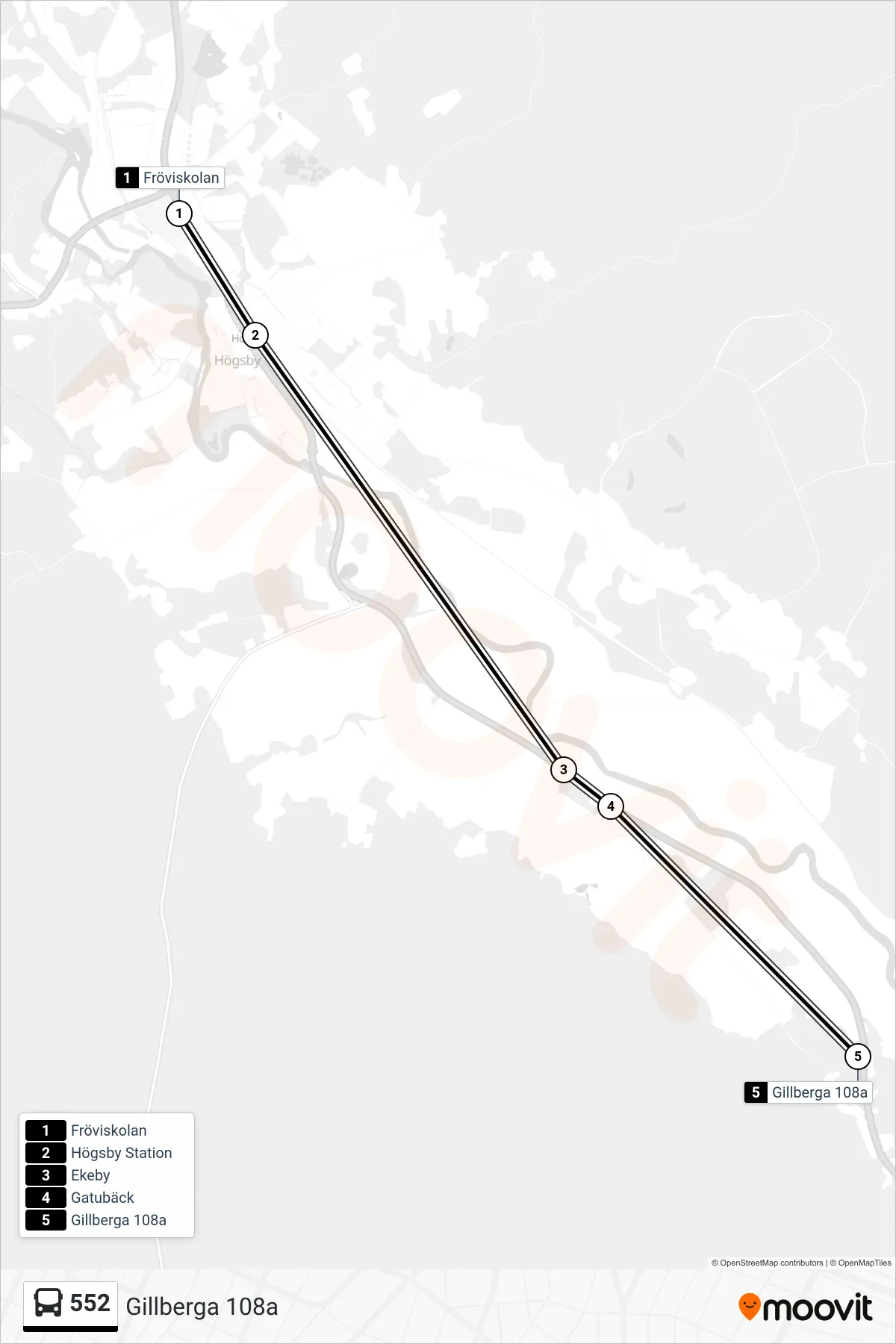 Rutt och hållplatser på karta för linje 552  spårvagn, (Gillberga 108a)