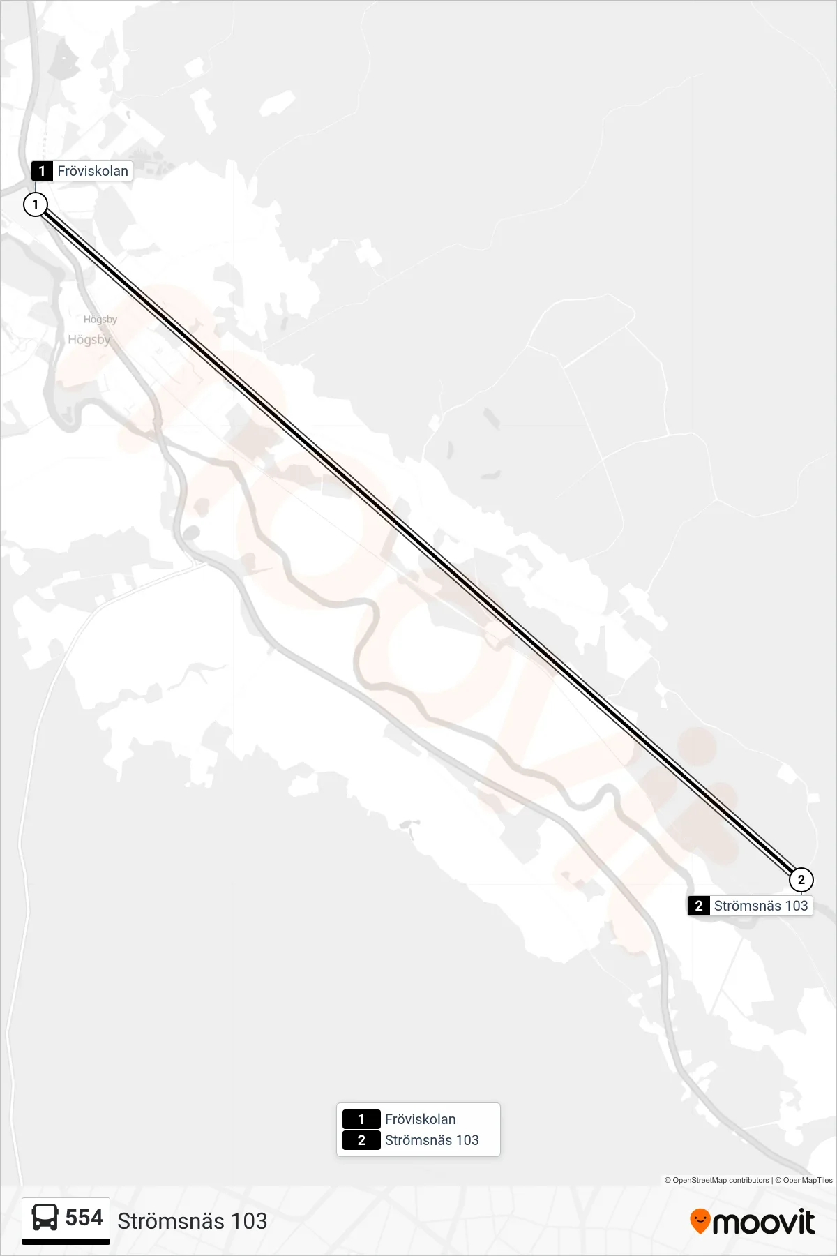 Rutt och hållplatser på karta för linje 554  spårvagn, (Strömsnäs 103)