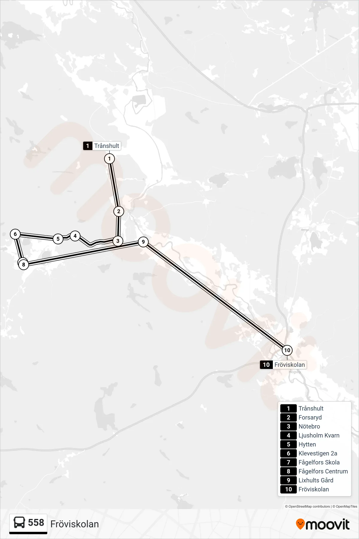 Rutt och hållplatser på karta för linje 558  spårvagn, (Fröviskolan)