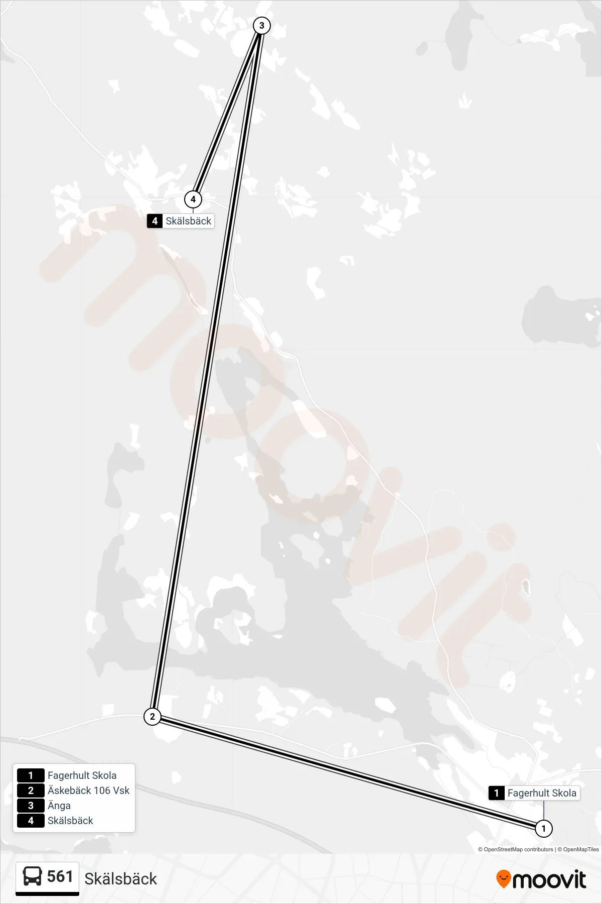 Rutt och hållplatser på karta för linje 561 spårvagn, (Skälsbäck)