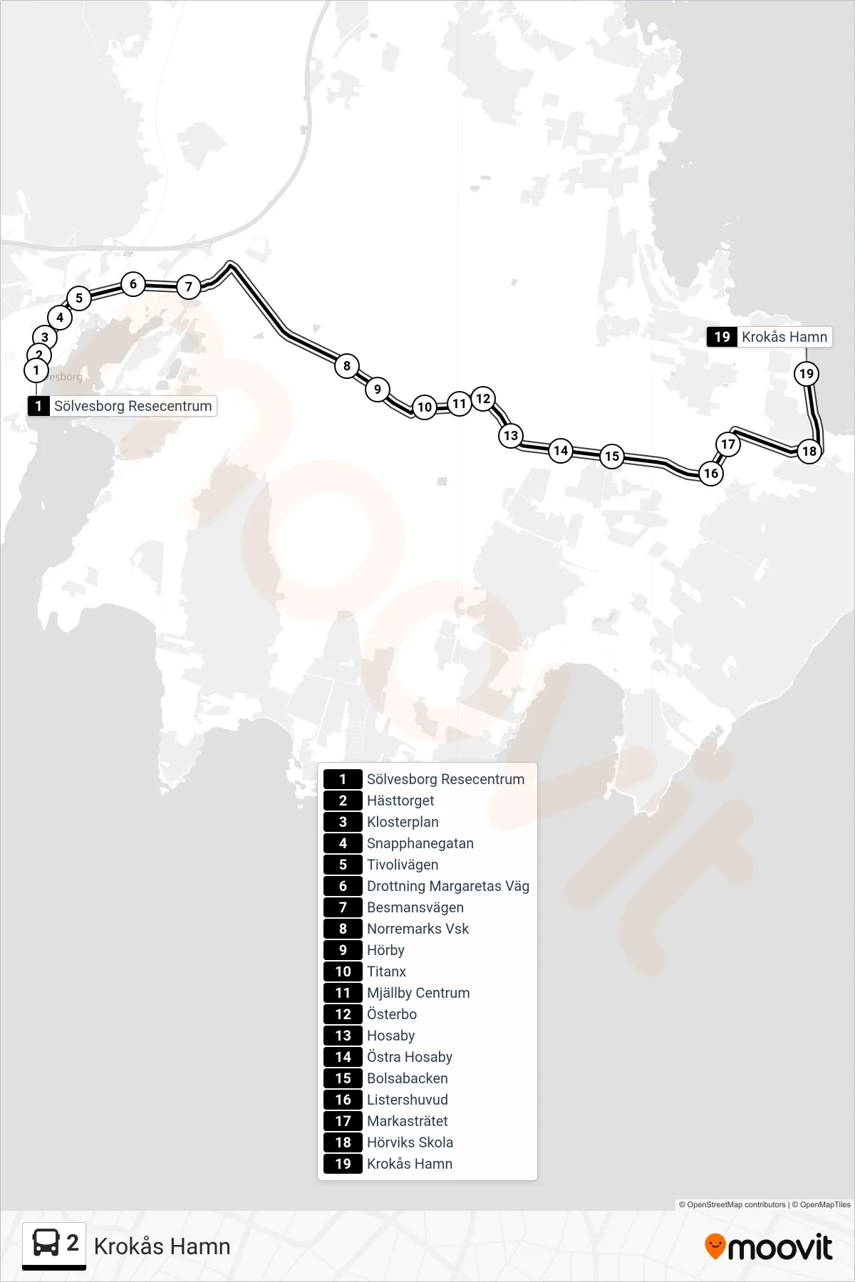 Rutt och hållplatser på karta för linje 2 buss, (Krokås Hamn)