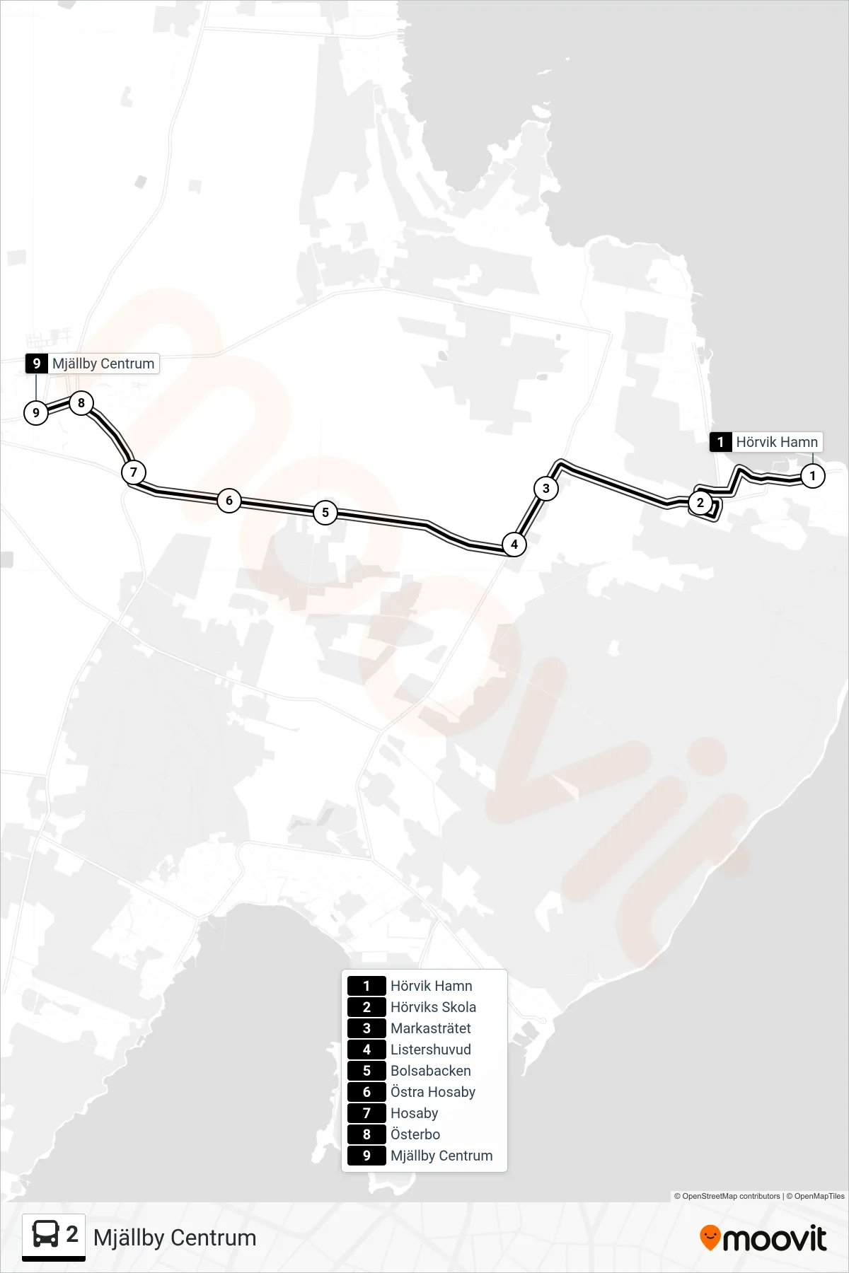 Rutt och hållplatser på karta för linje 2  buss, (Mjällby Centrum)