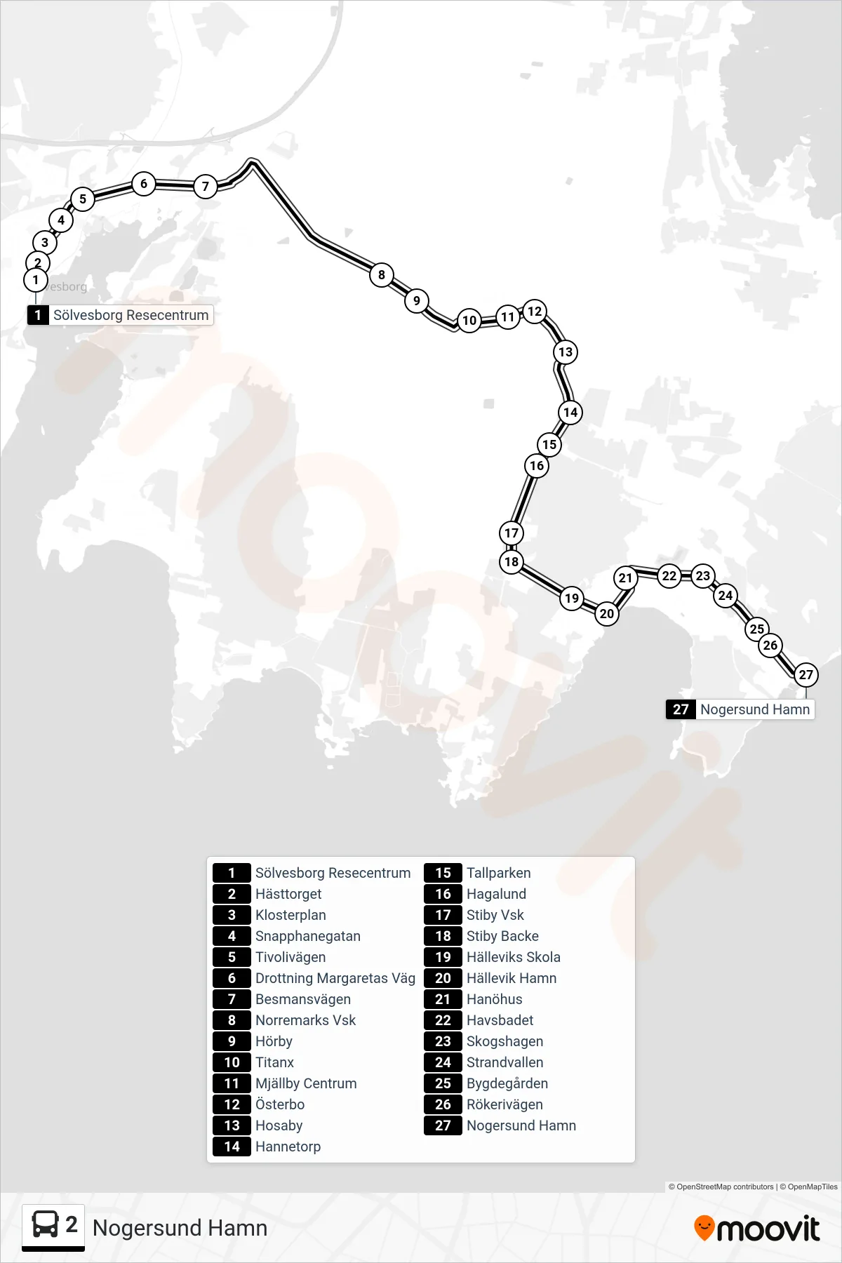 Rutt och hållplatser på karta för linje 2  buss, (Nogersund Hamn)