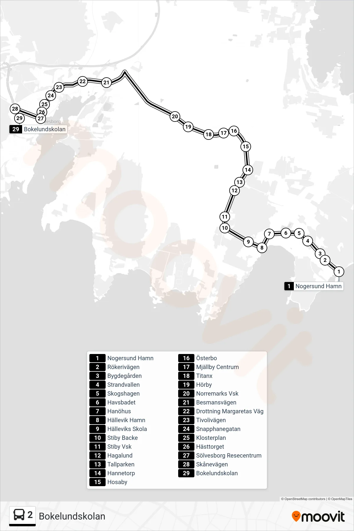 Rutt och hållplatser på karta för linje 2  buss, (Bokelundskolan)