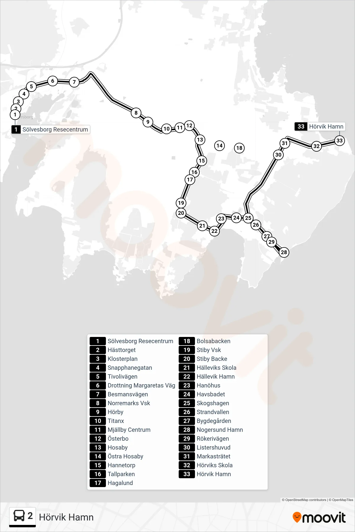 Rutt och hållplatser på karta för linje 2 buss, (Hörvik Hamn)