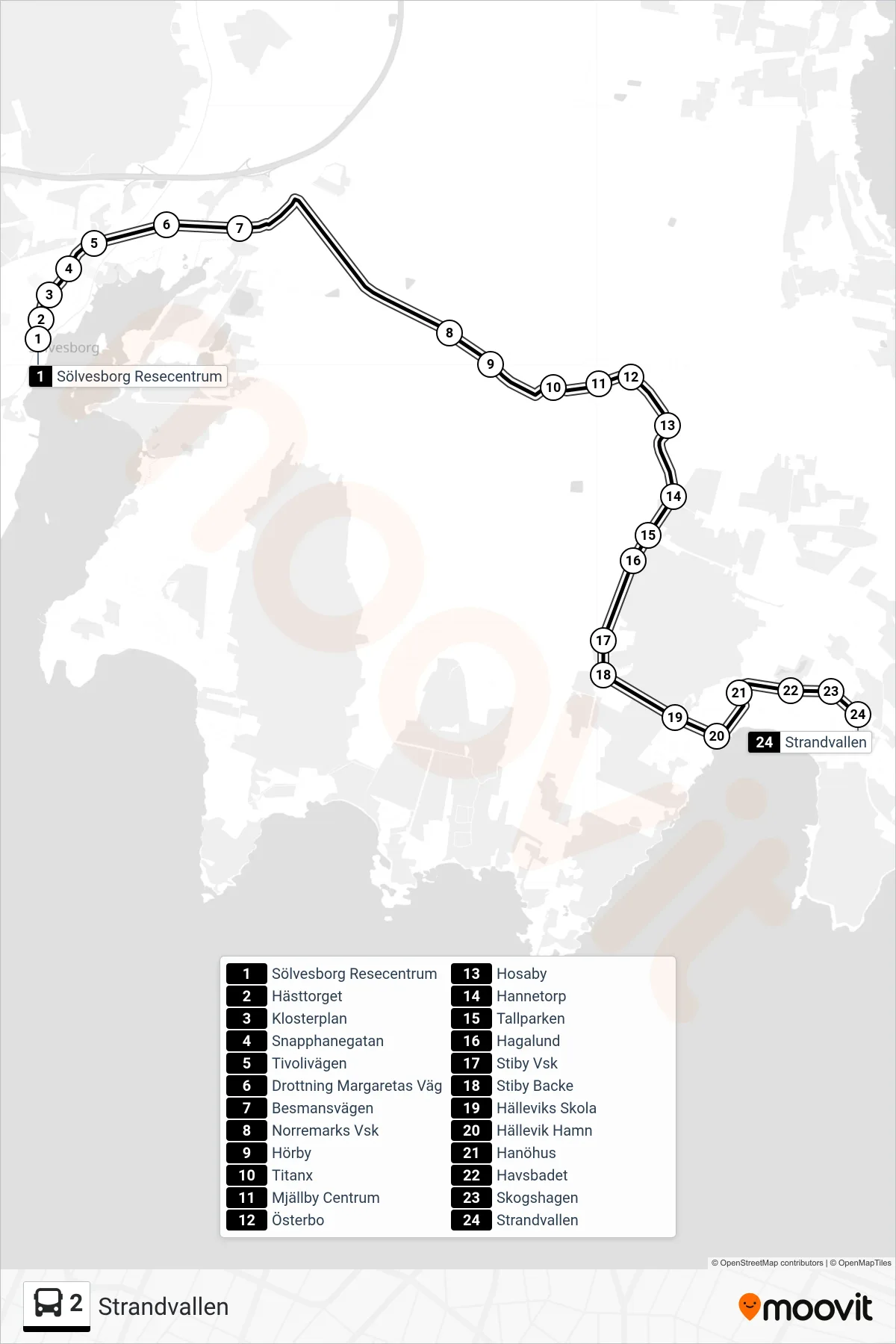 Rutt och hållplatser på karta för linje 2  buss, (Strandvallen)