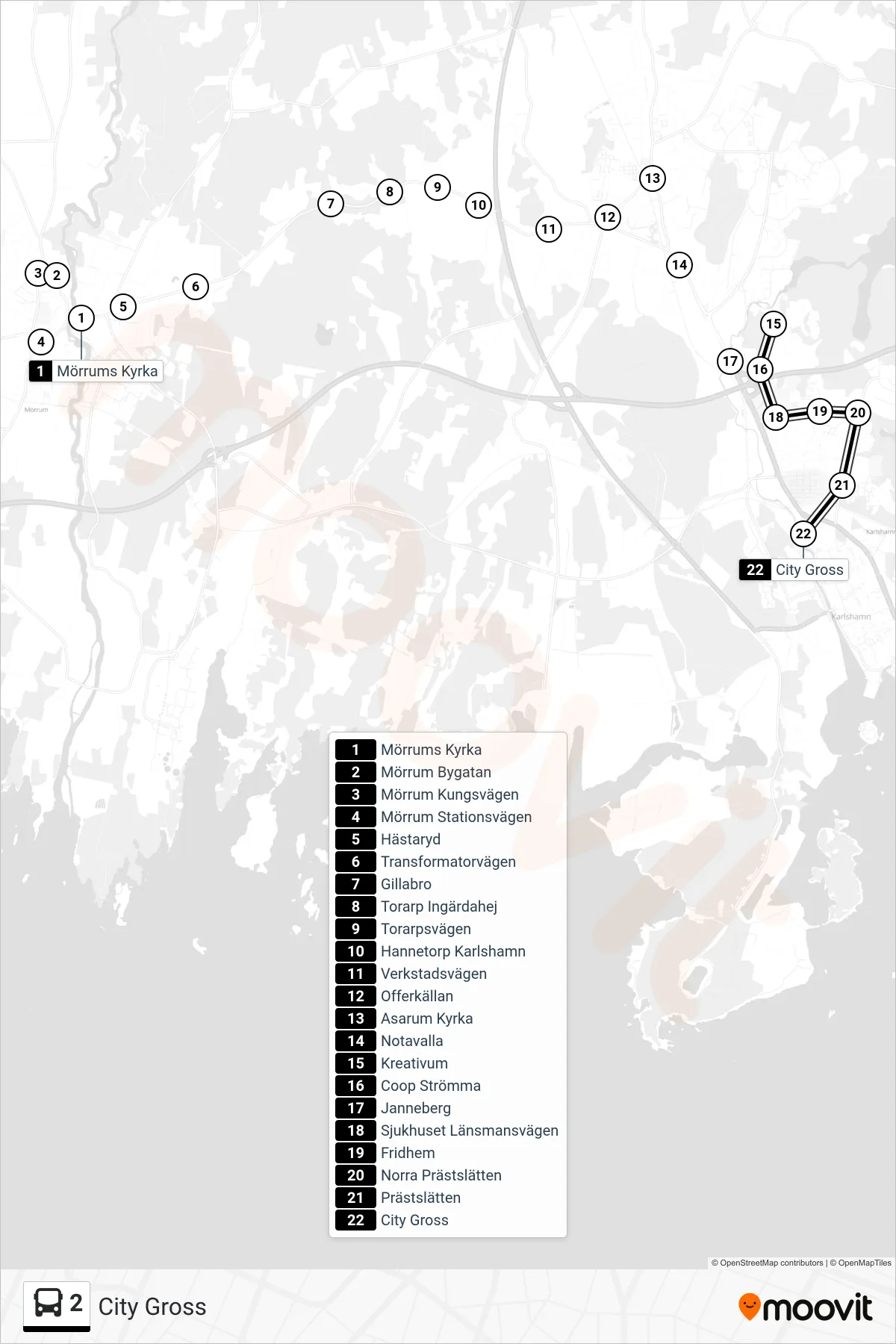 Rutt och hållplatser på karta för linje 2 buss, (City Gross)