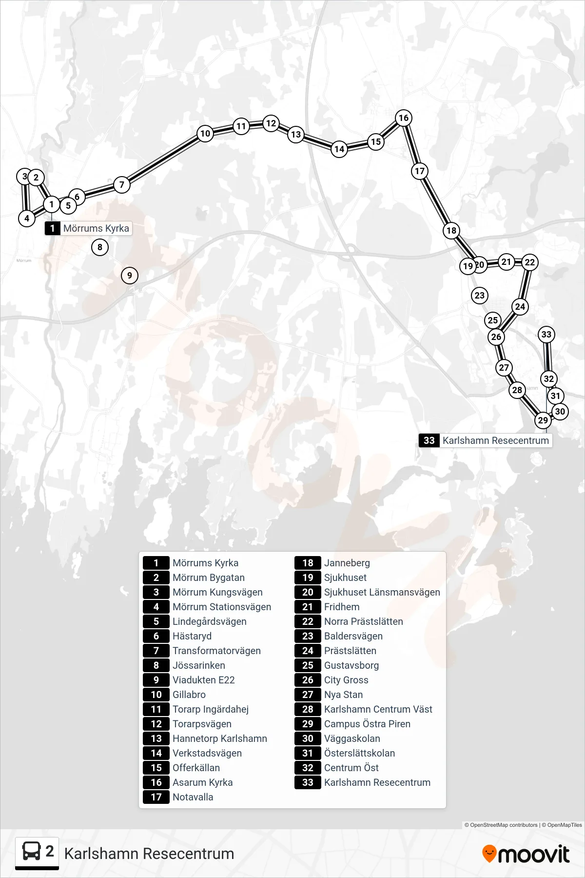 Rutt och hållplatser på karta för linje 2 buss, (Karlshamn Resecentrum)