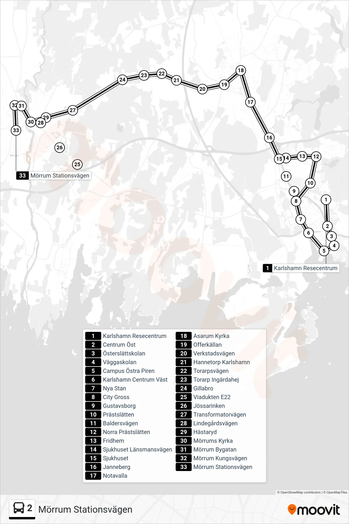 Rutt och hållplatser på karta för linje 2 buss, (Mörrum Stationsvägen)