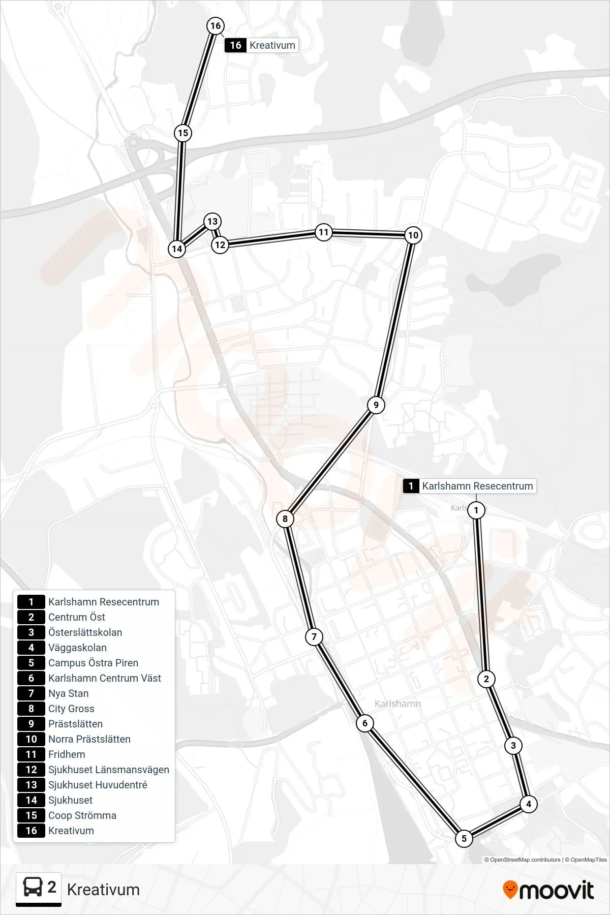 Rutt och hållplatser på karta för linje 2  buss, (Kreativum)