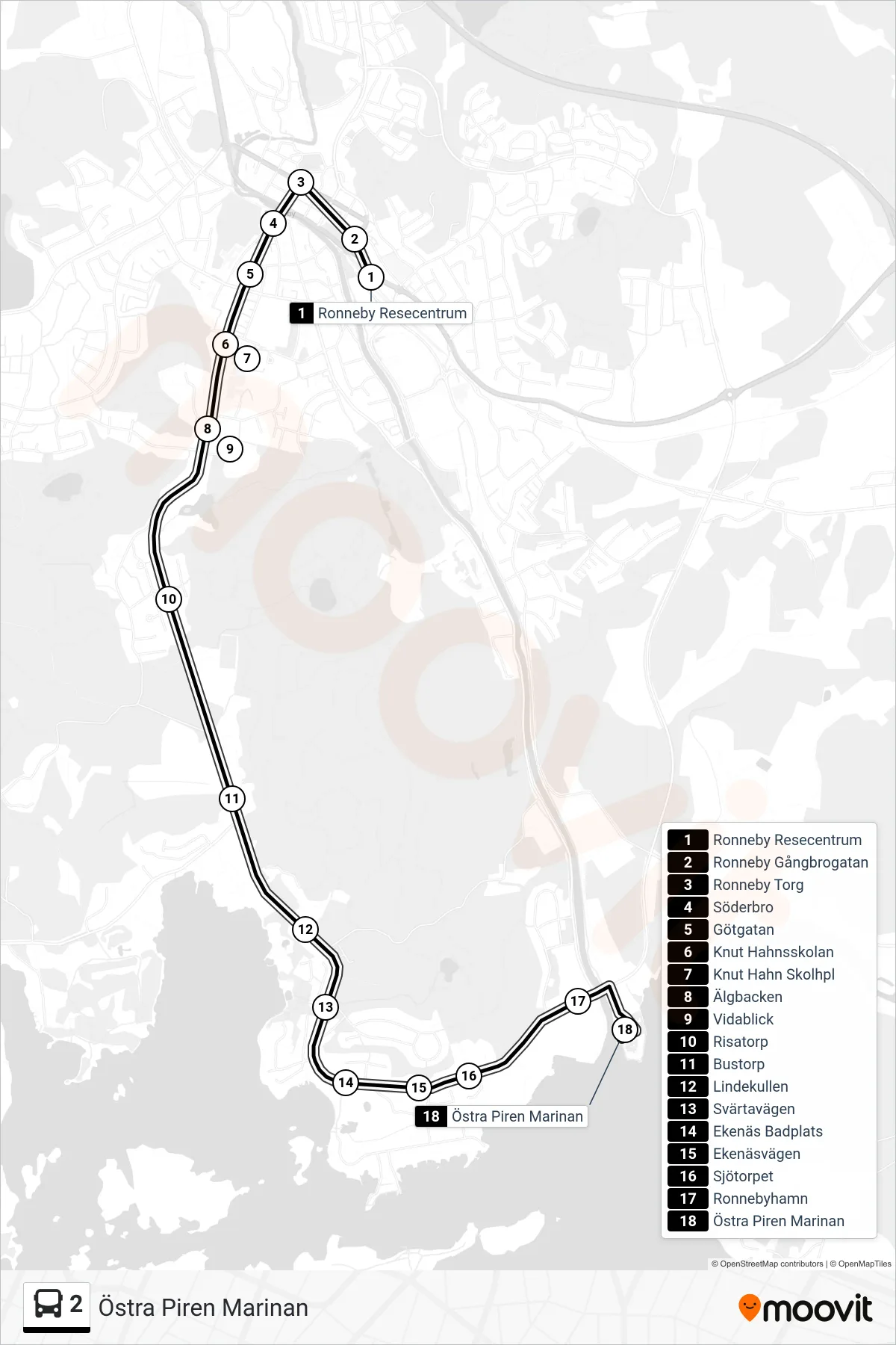Rutt och hållplatser på karta för linje 2 buss, (Östra Piren Marinan)