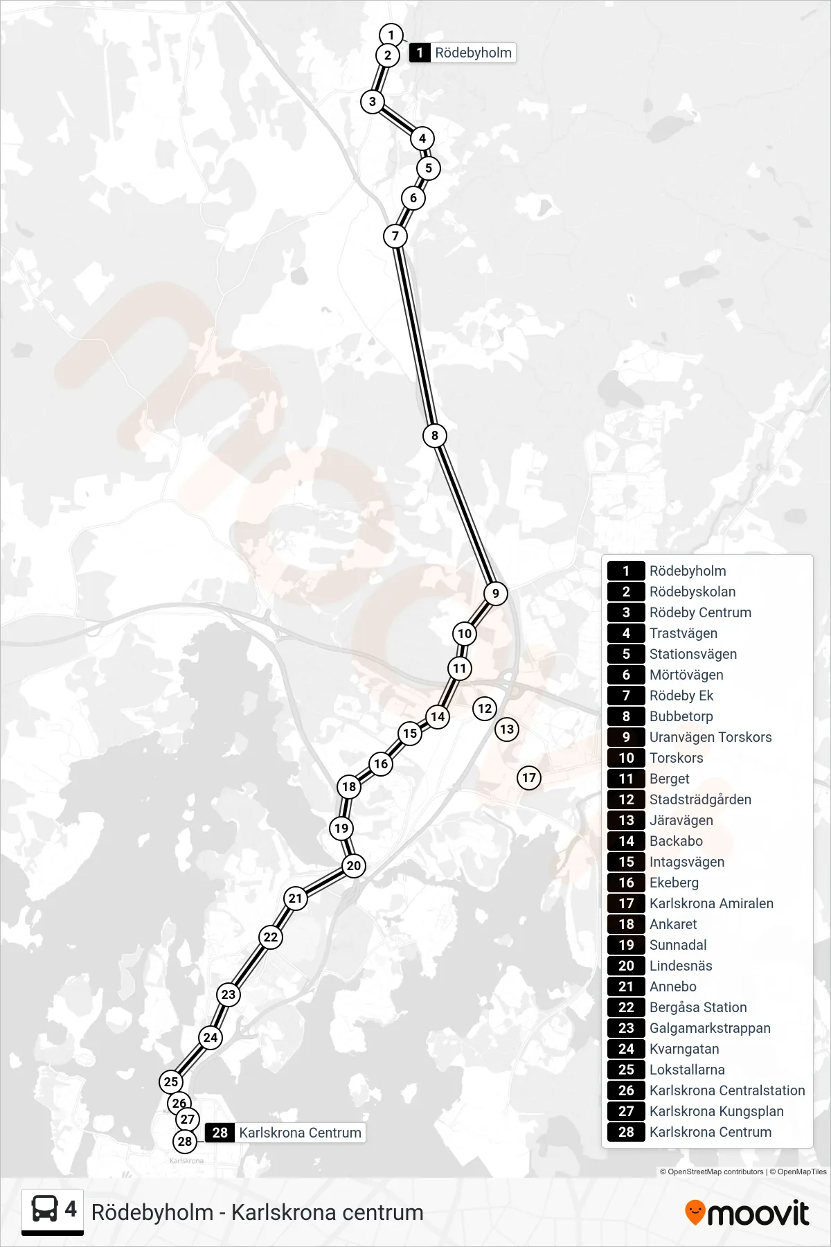 Rutt och hållplatser på karta för linje 4  buss, (Karlskrona Centrum)