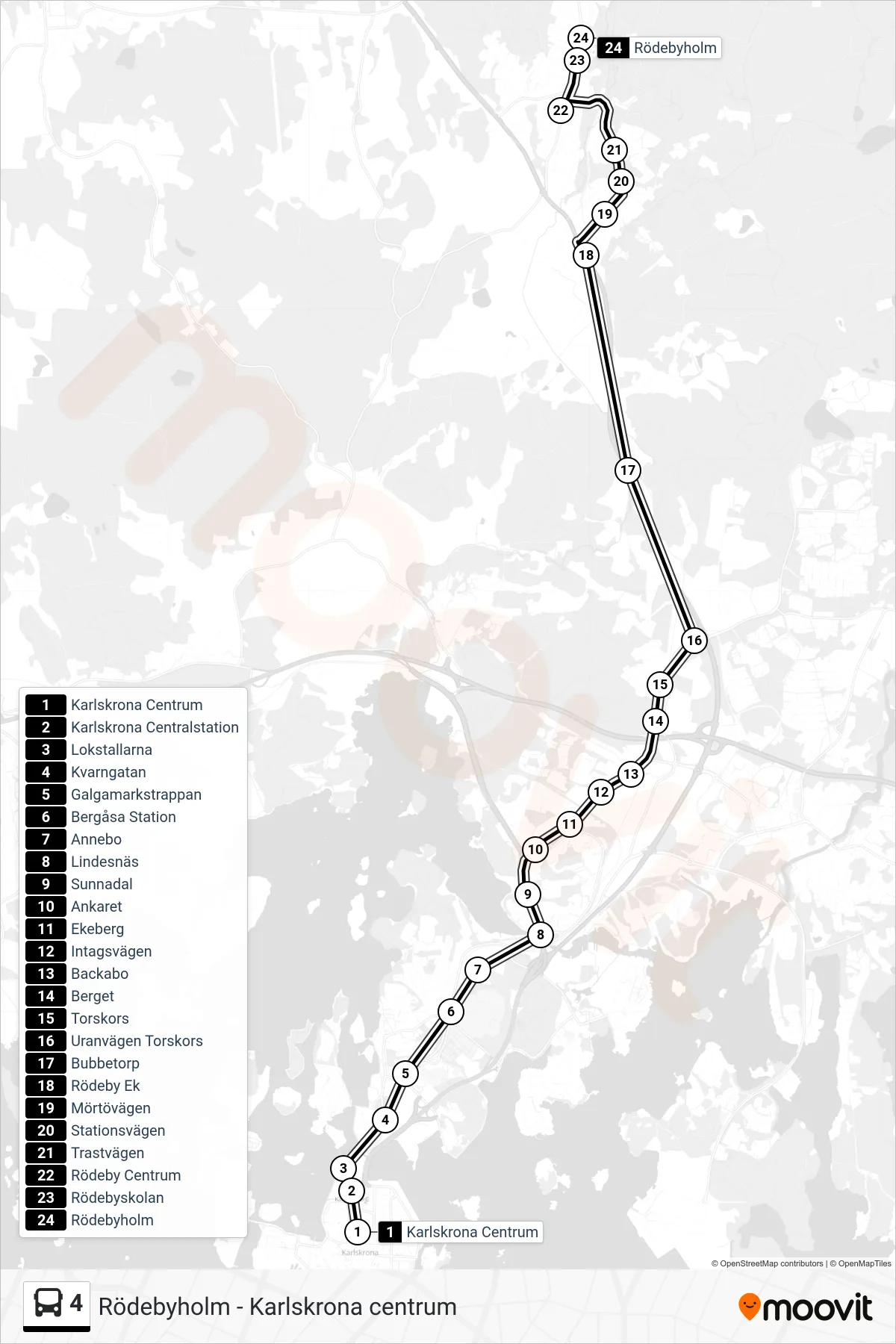 Rutt och hållplatser på karta för linje 4 buss, (Rödebyholm)