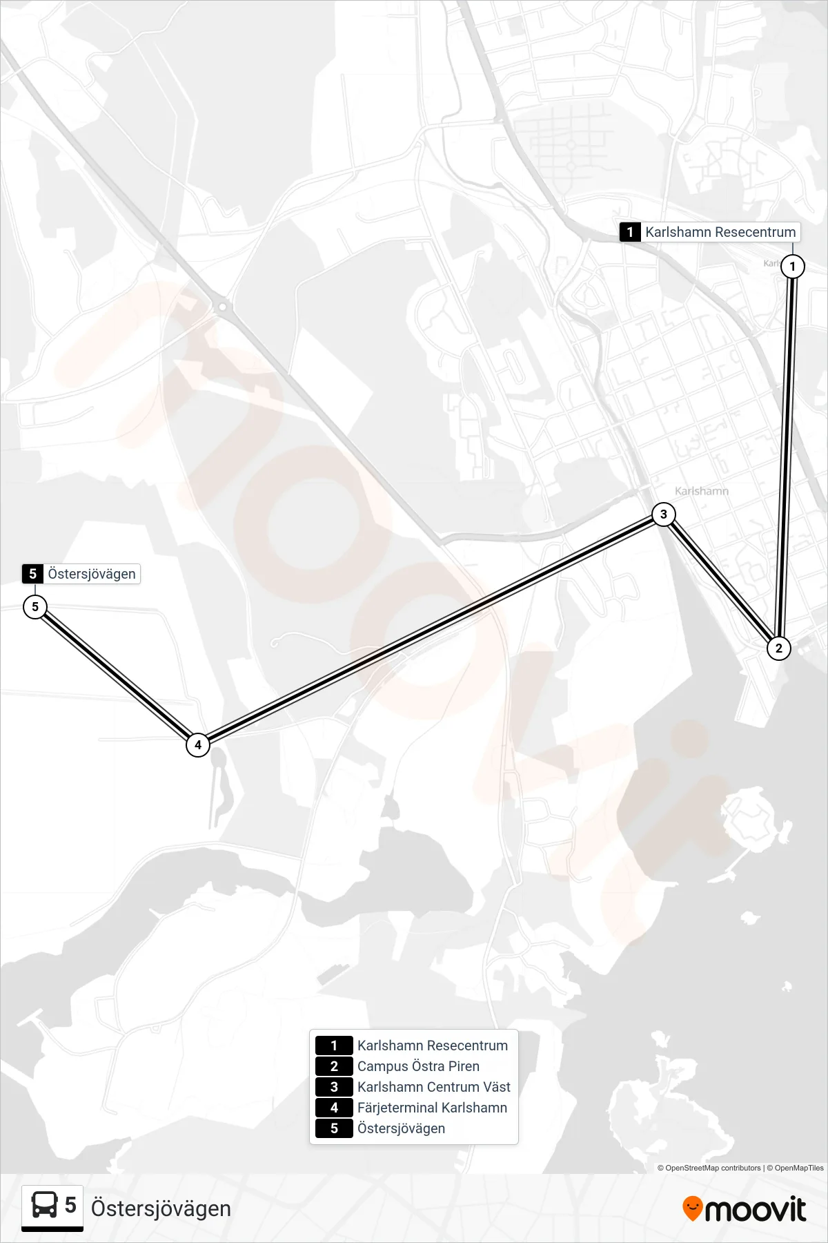 Rutt och hållplatser på karta för linje 5 buss, (Östersjövägen)