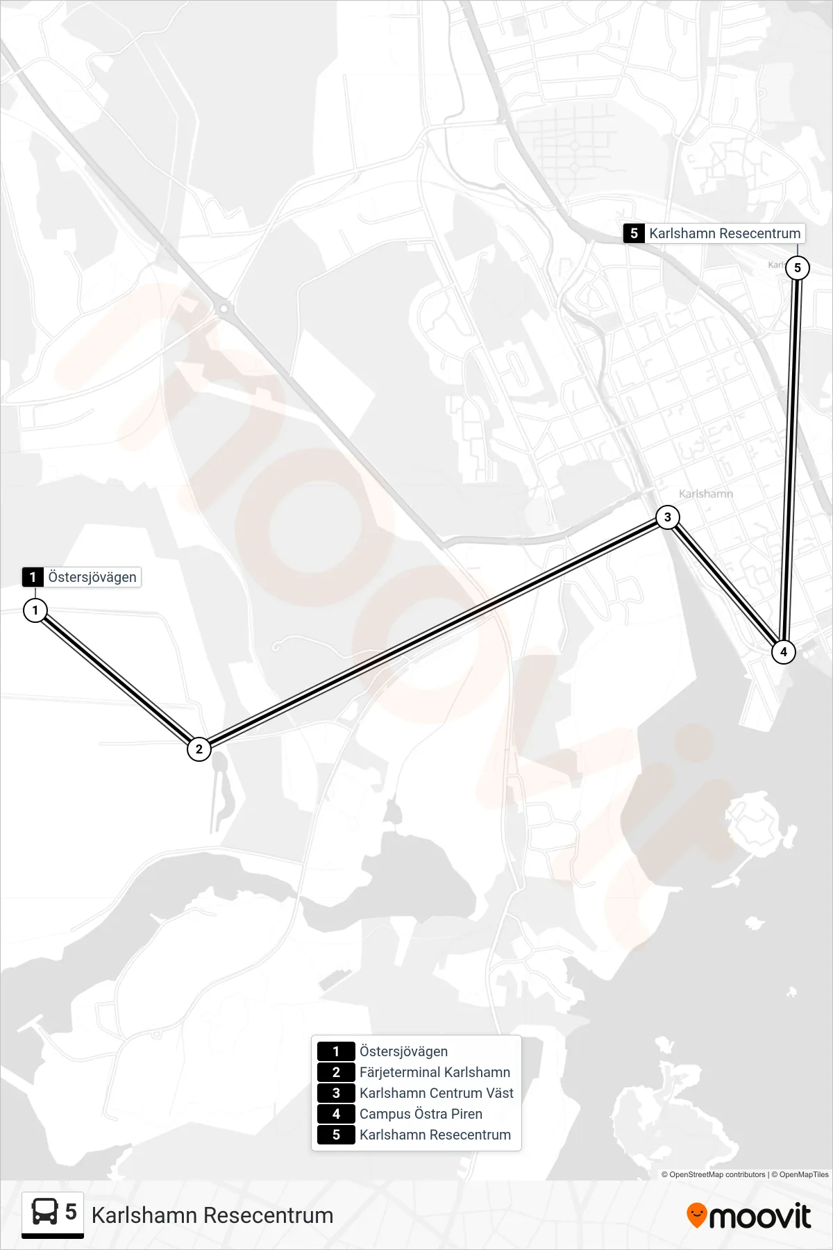 Rutt och hållplatser på karta för linje 5  buss, (Karlshamn Resecentrum)