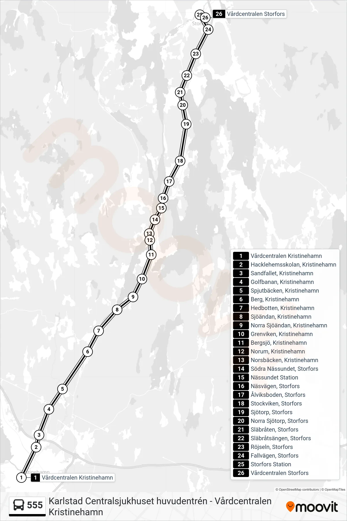 Rutt och hållplatser på karta för linje 555 spårvagn, (Vårdcentralen Storfors)