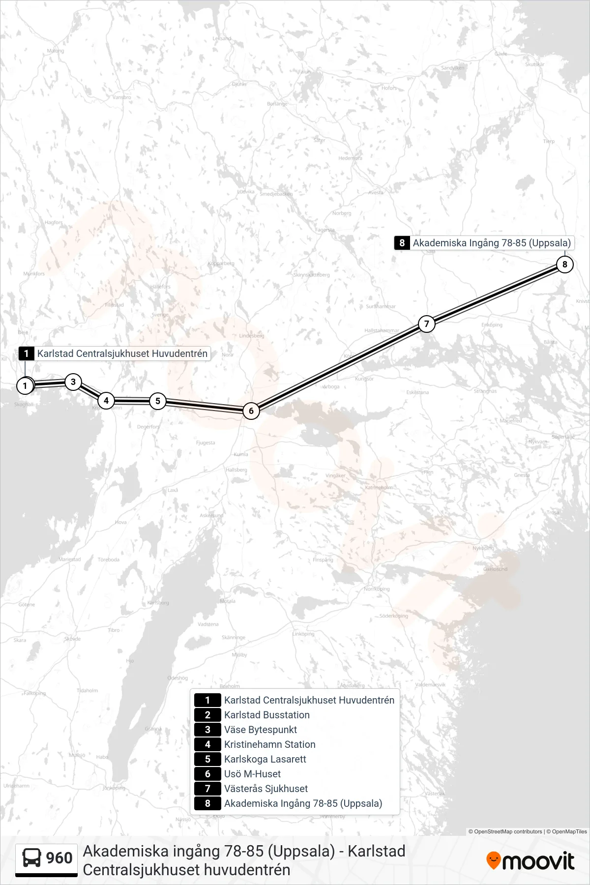 Rutt och hållplatser på karta för linje 960  spårvagn, (Akademiska Ingång 78-85 (Uppsala))