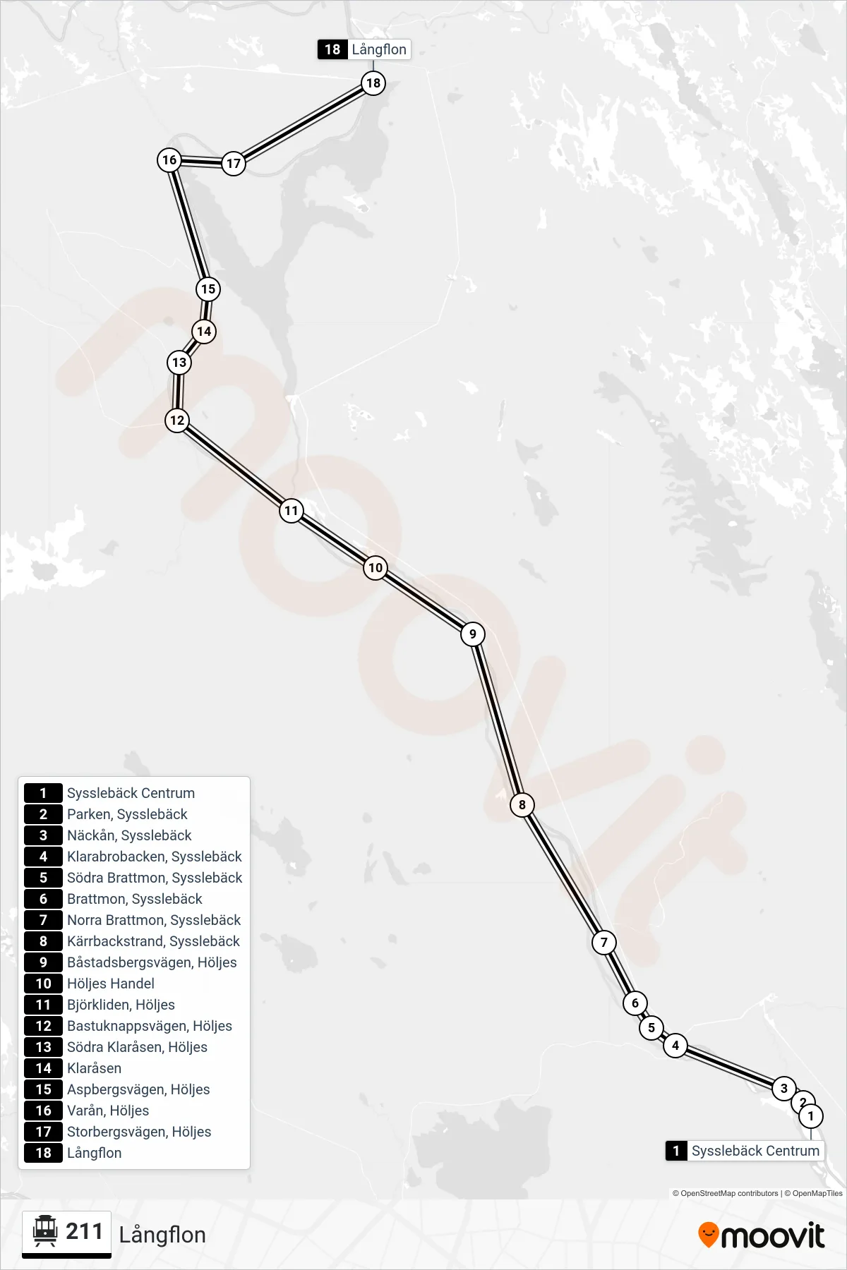 Rutt och hållplatser på karta för linje 211 spårvagn, (Långflon)