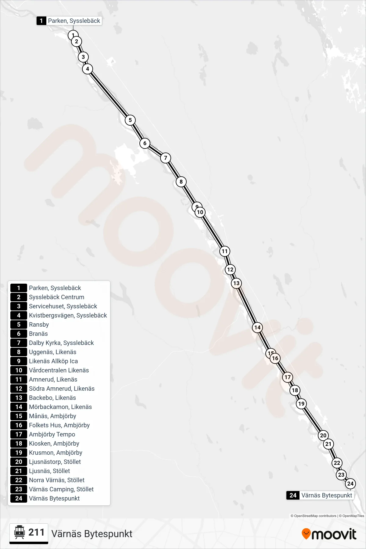 Rutt och hållplatser på karta för linje 211 spårvagn, (Värnäs Bytespunkt)