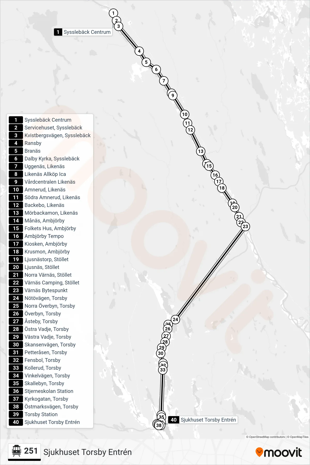 Rutt och hållplatser på karta för linje 251  spårvagn, (Sjukhuset Torsby Entrén)