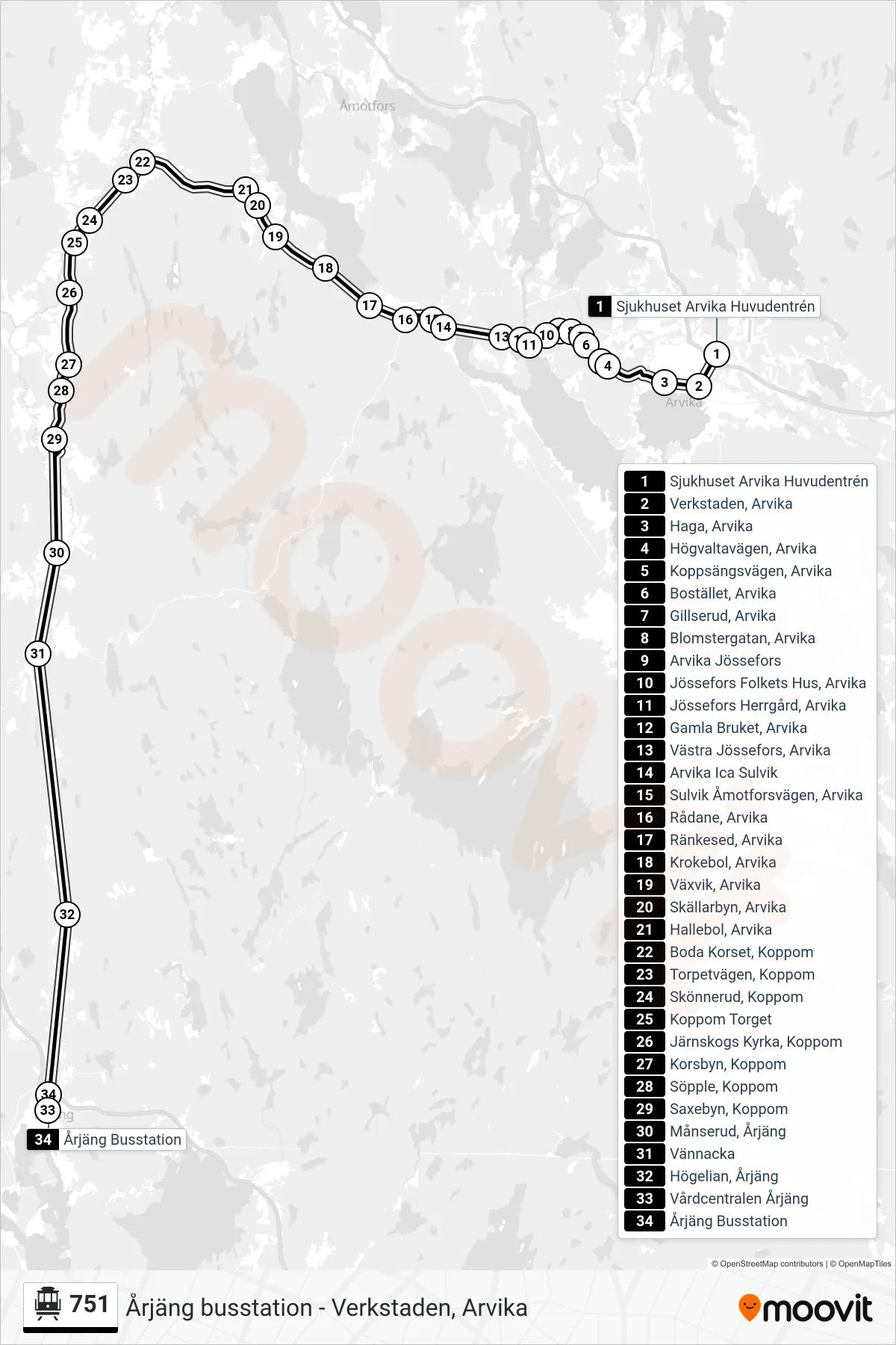 Rutt och hållplatser på karta för linje 751 spårvagn, (Årjäng Busstation)