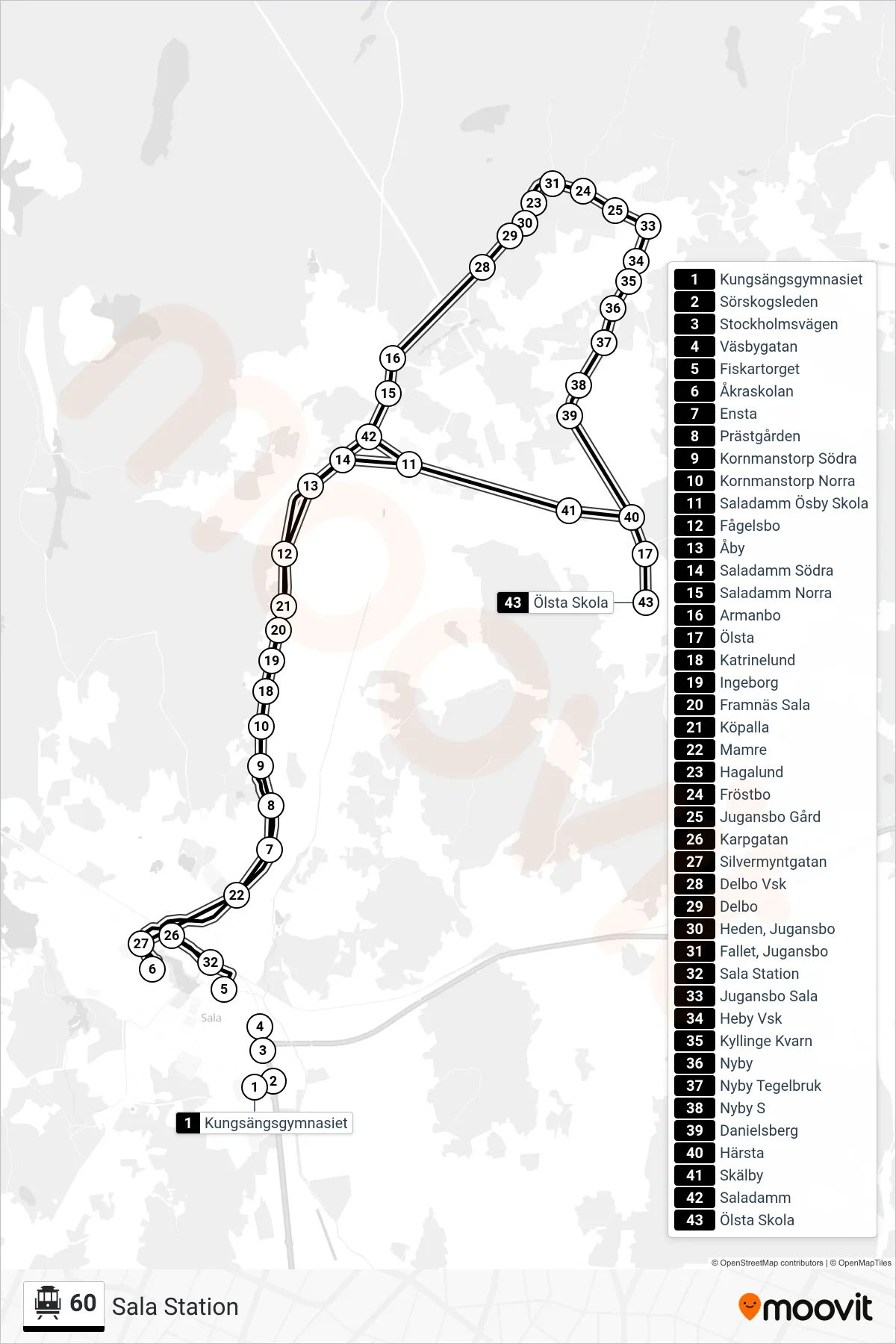 Rutt och hållplatser på karta för linje 60 spårvagn, (Sala Station)