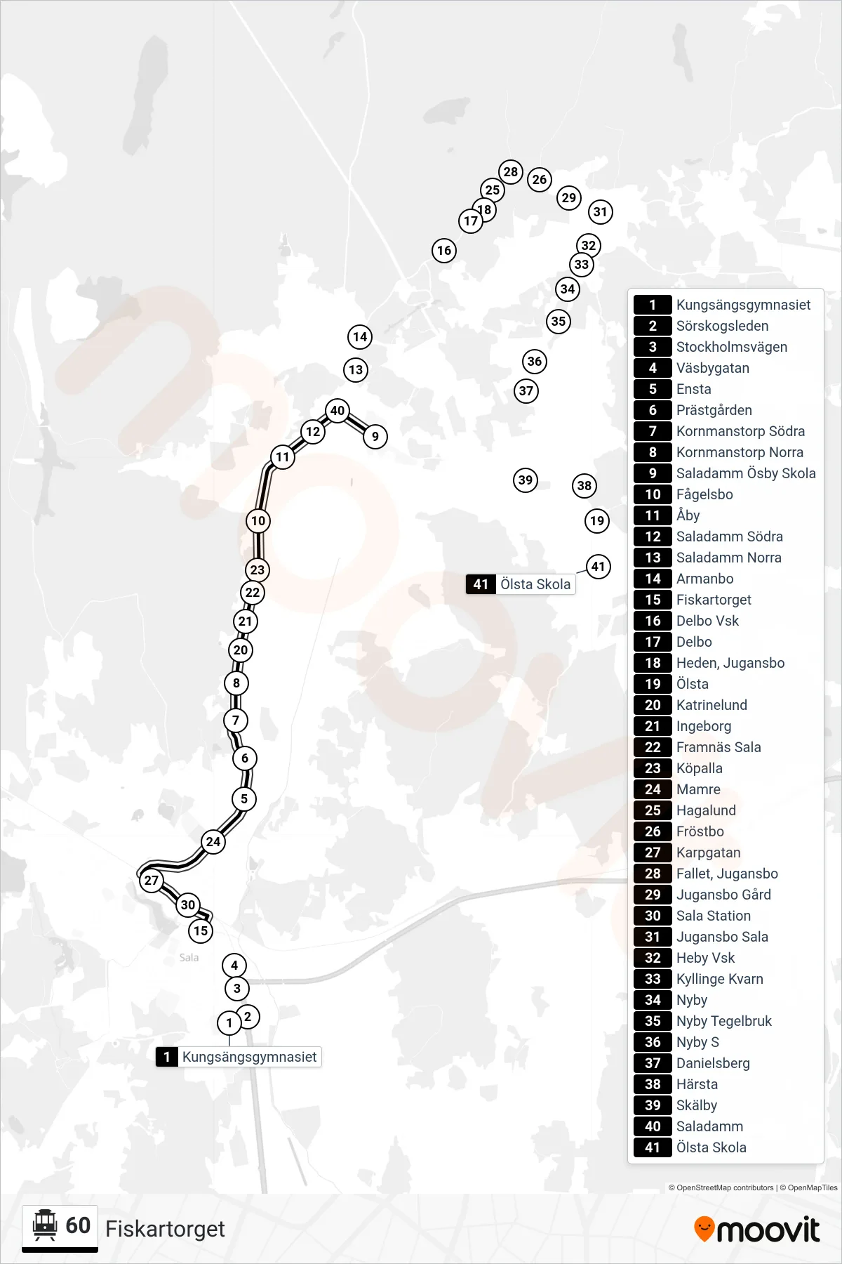 Rutt och hållplatser på karta för linje 60  spårvagn, (Fiskartorget)