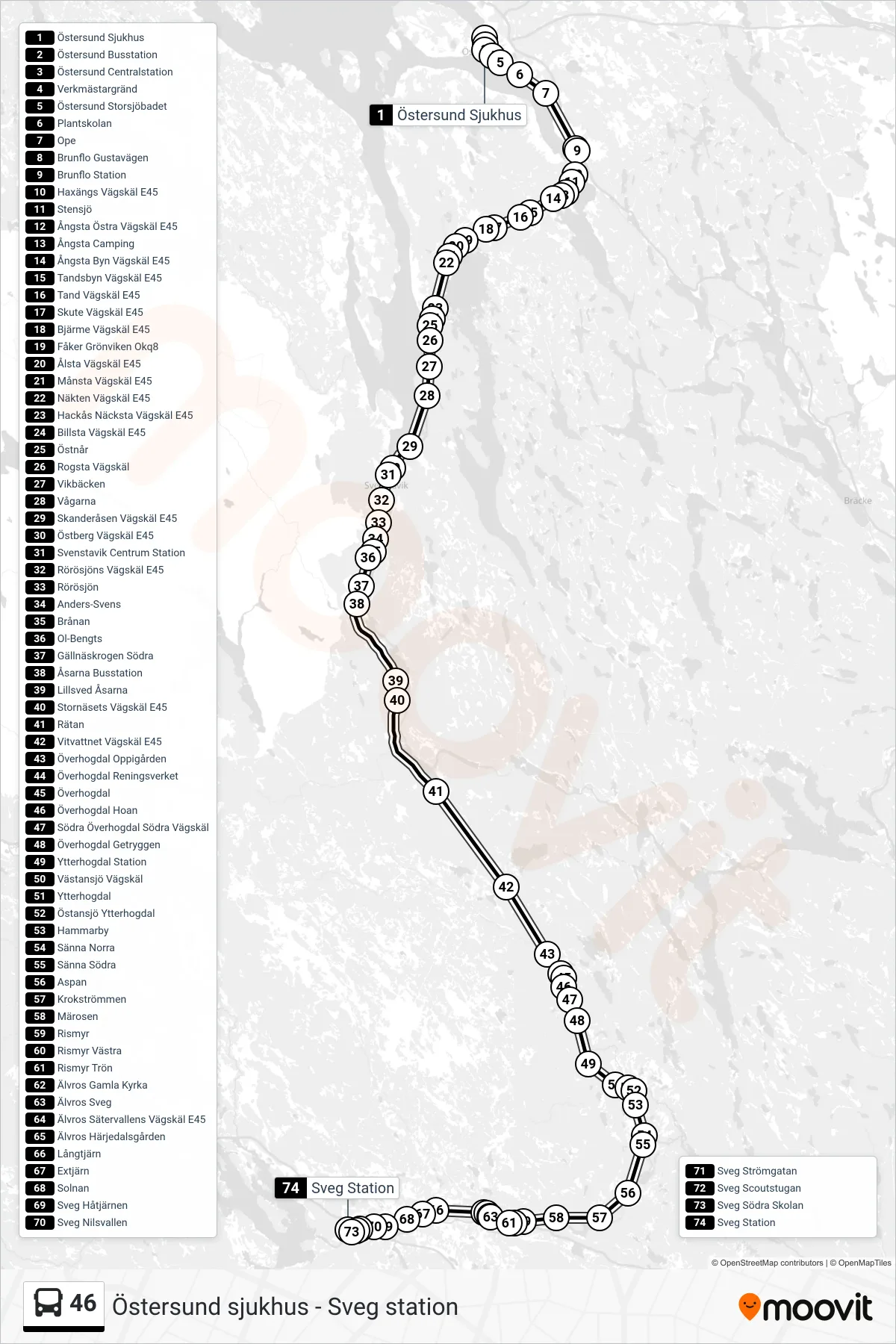 Rutt och hållplatser på karta för linje 46 spårvagn, (Sveg Station)