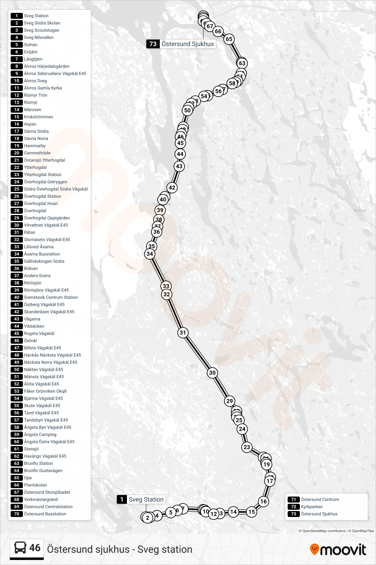 Rutt och hållplatser på karta för linje 46 spårvagn, (Östersund Sjukhus)