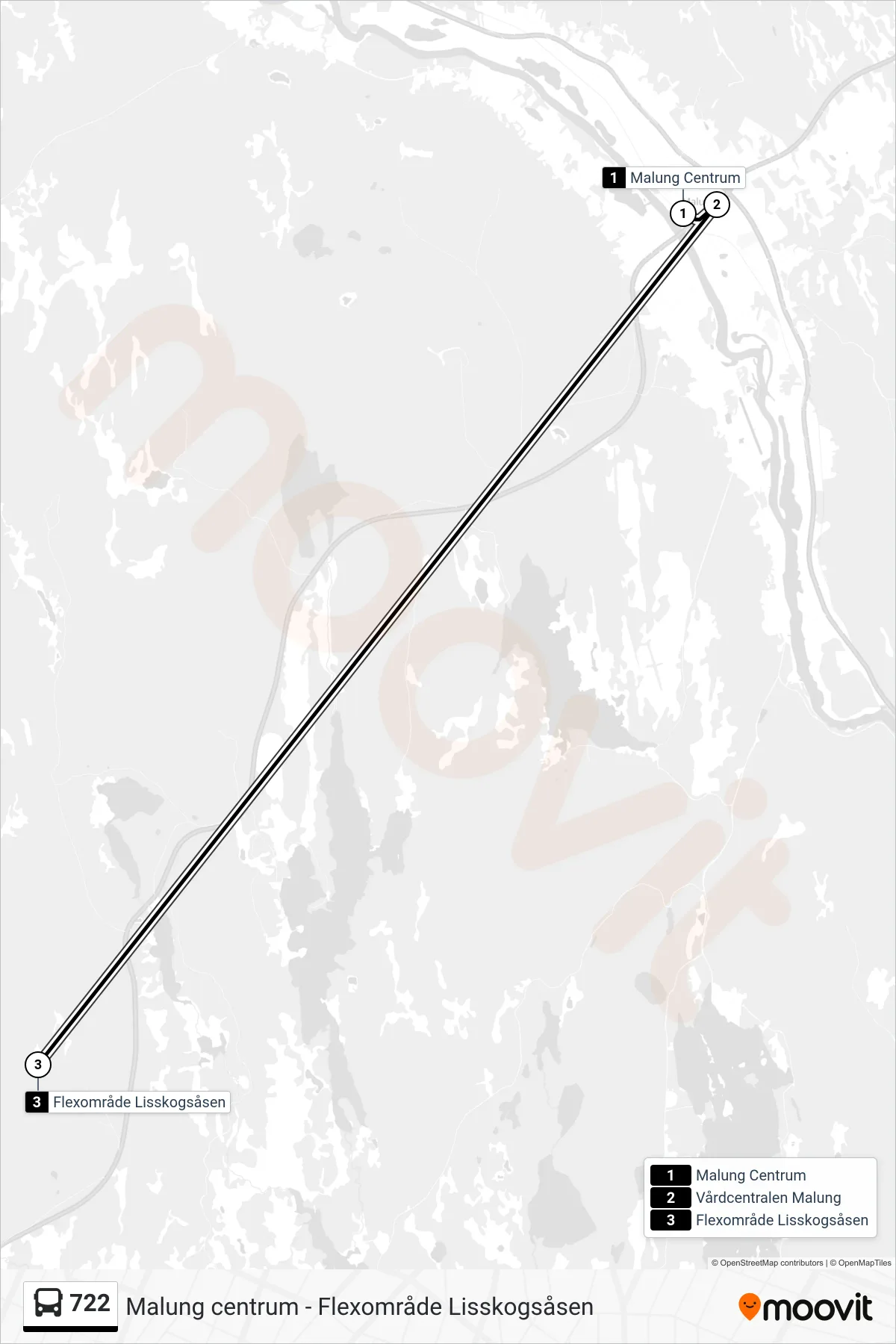 Rutt och hållplatser på karta för linje 722 spårvagn, (Flexområde Lisskogsåsen)