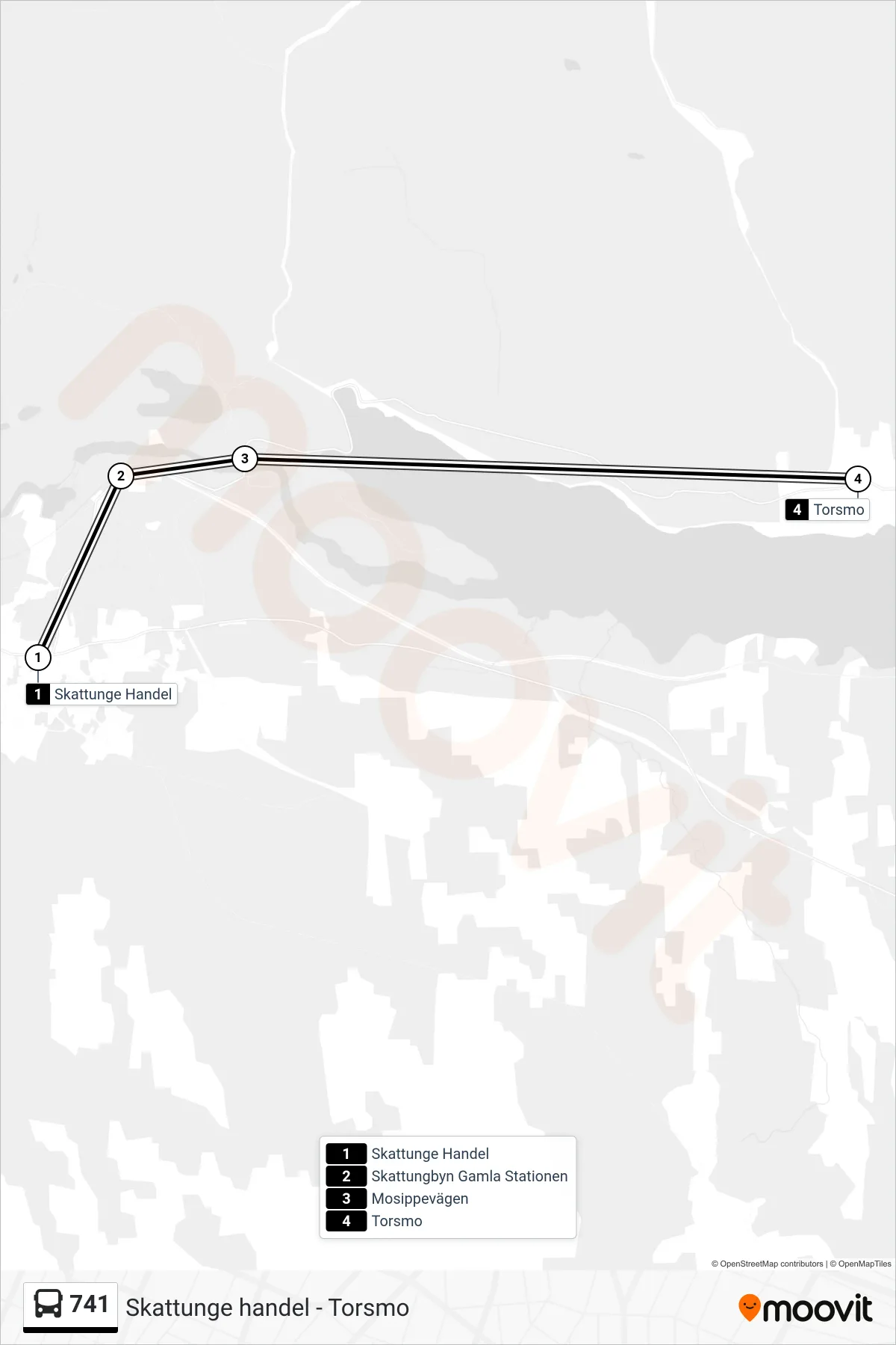 Rutt och hållplatser på karta för linje 741 spårvagn, (Torsmo)