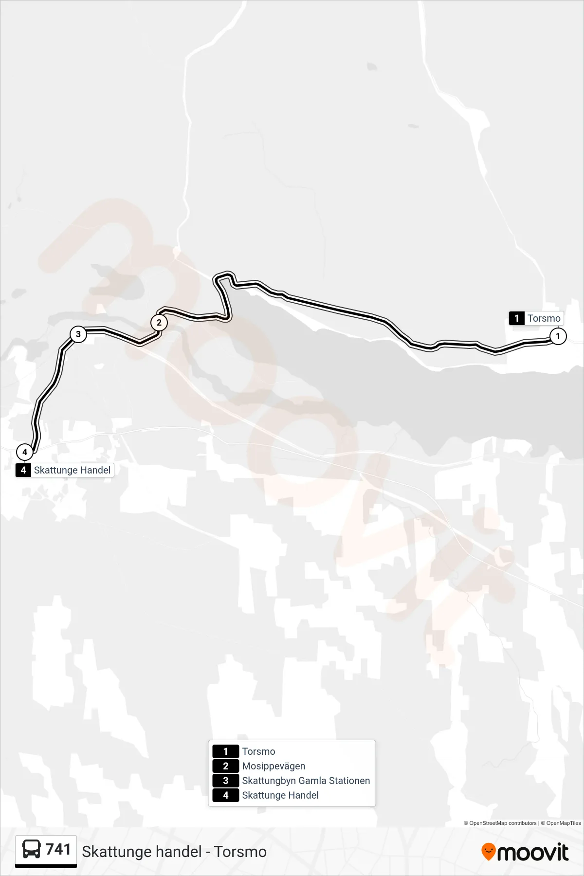 Rutt och hållplatser på karta för linje 741 spårvagn, (Skattunge Handel)