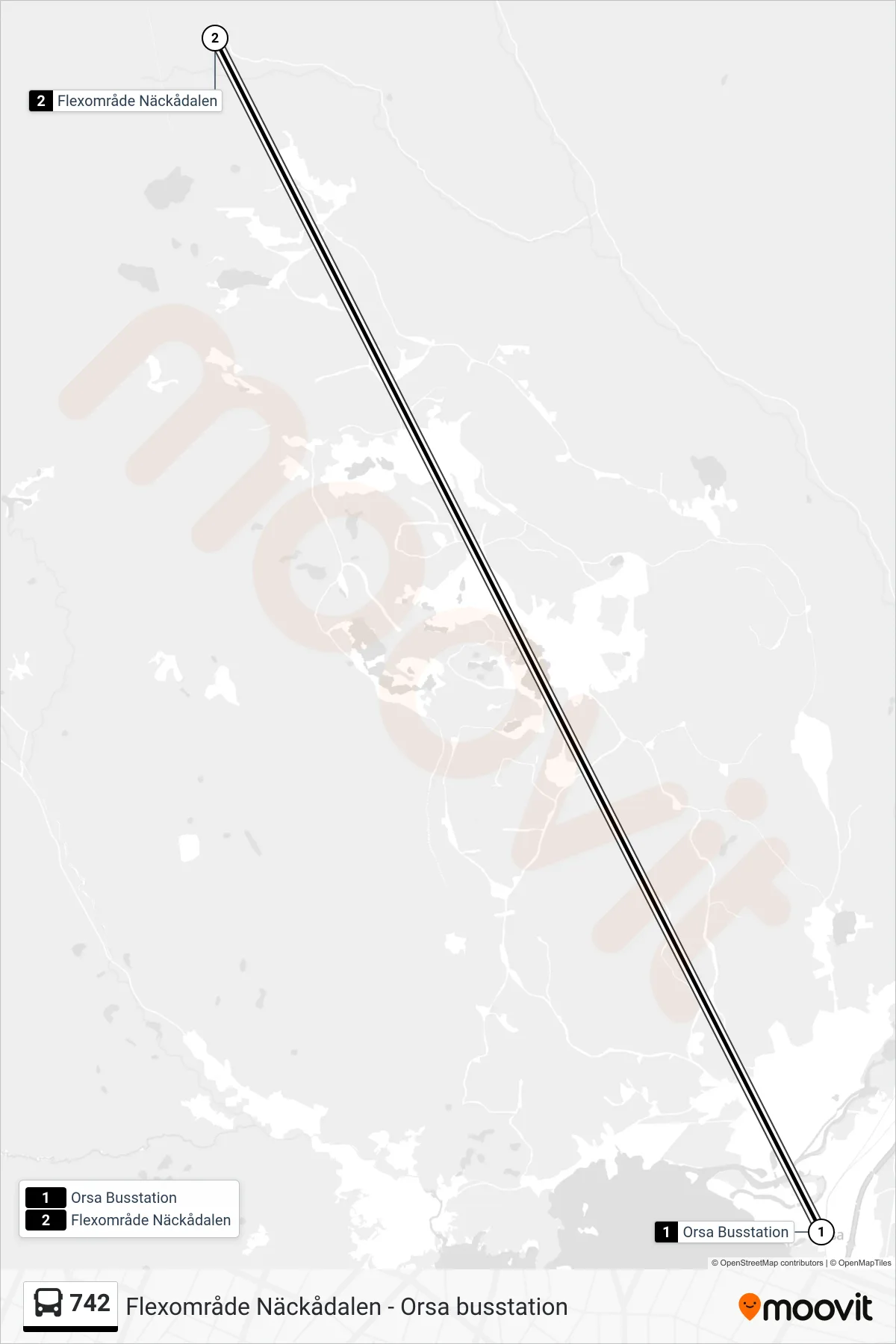 Rutt och hållplatser på karta för linje 742 spårvagn, (Flexområde Näckådalen)