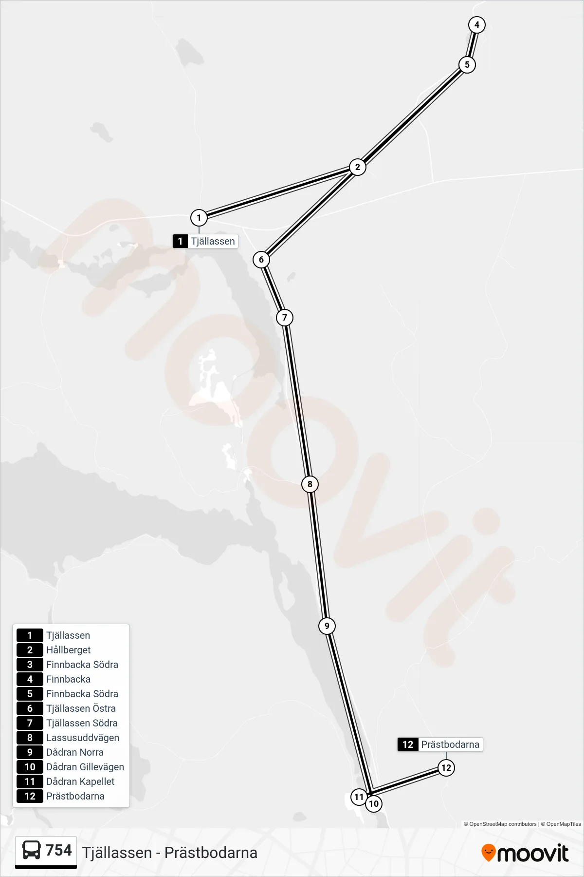 Rutt och hållplatser på karta för linje 754 spårvagn, (Prästbodarna)