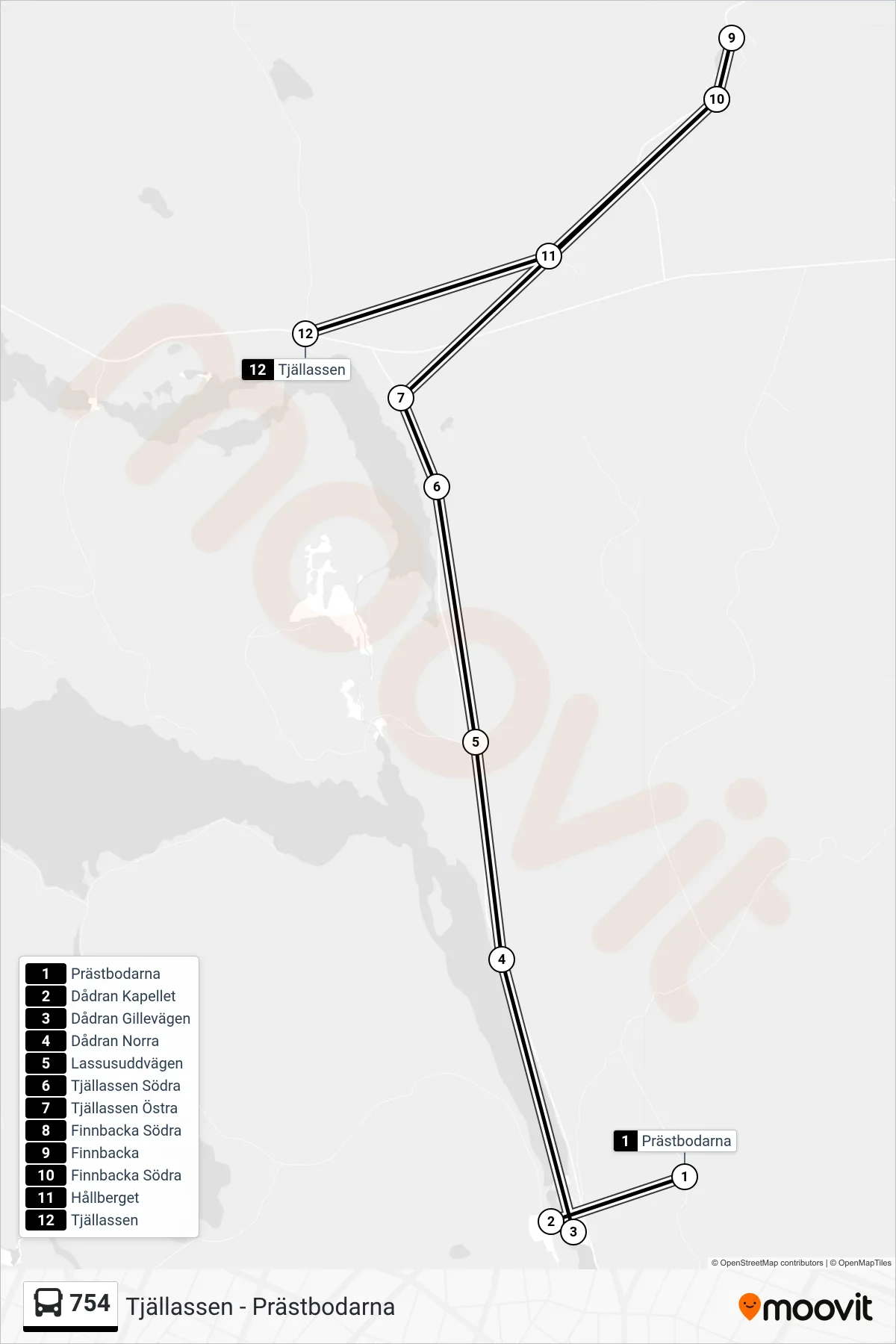 Rutt och hållplatser på karta för linje 754  spårvagn, (Tjällassen)