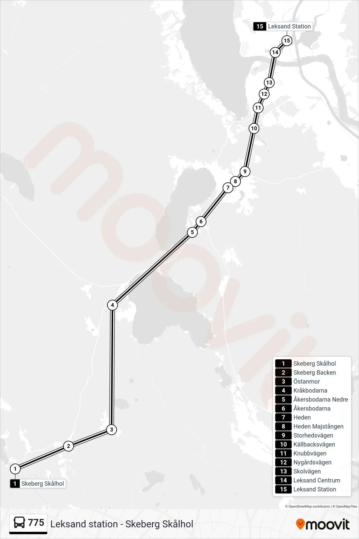 Rutt och hållplatser på karta för linje 775  spårvagn, (Leksand Station)