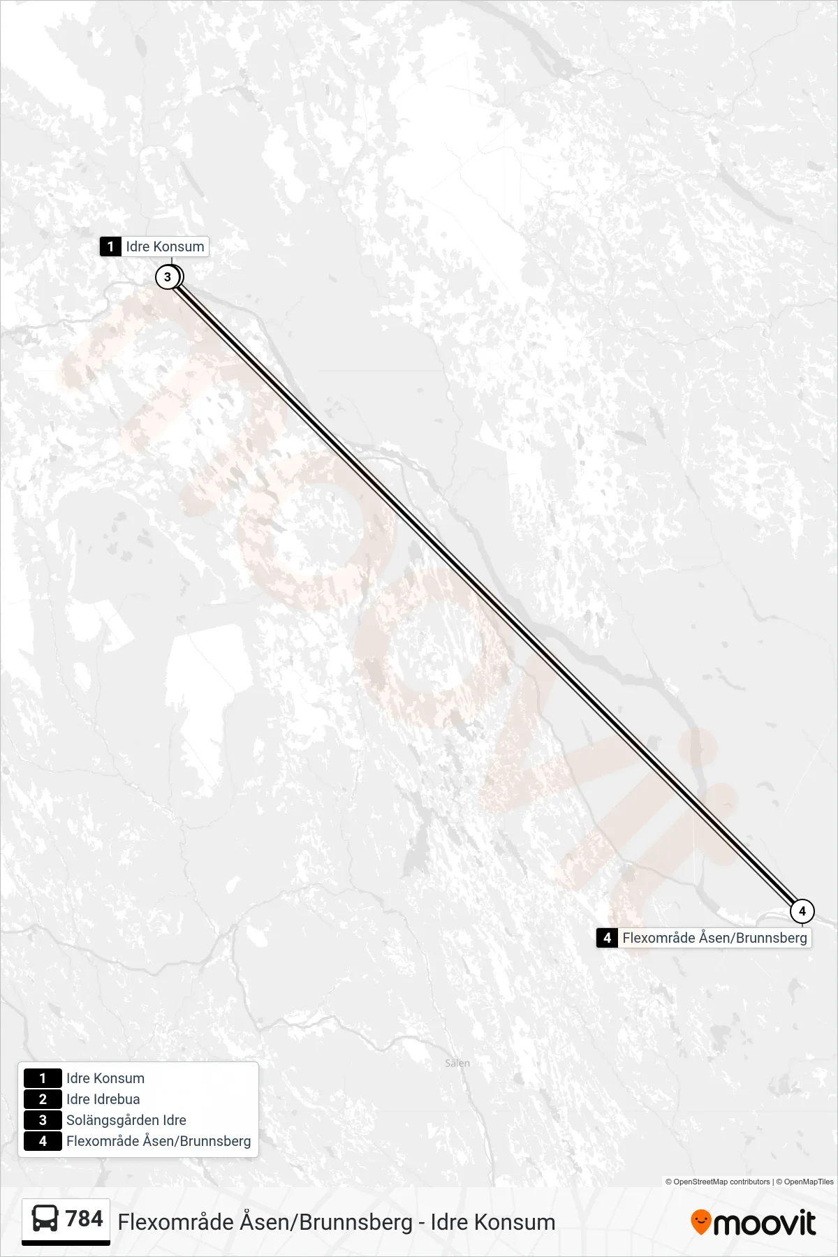 Rutt och hållplatser på karta för linje 784 spårvagn, (Flexområde Åsen/Brunnsberg)