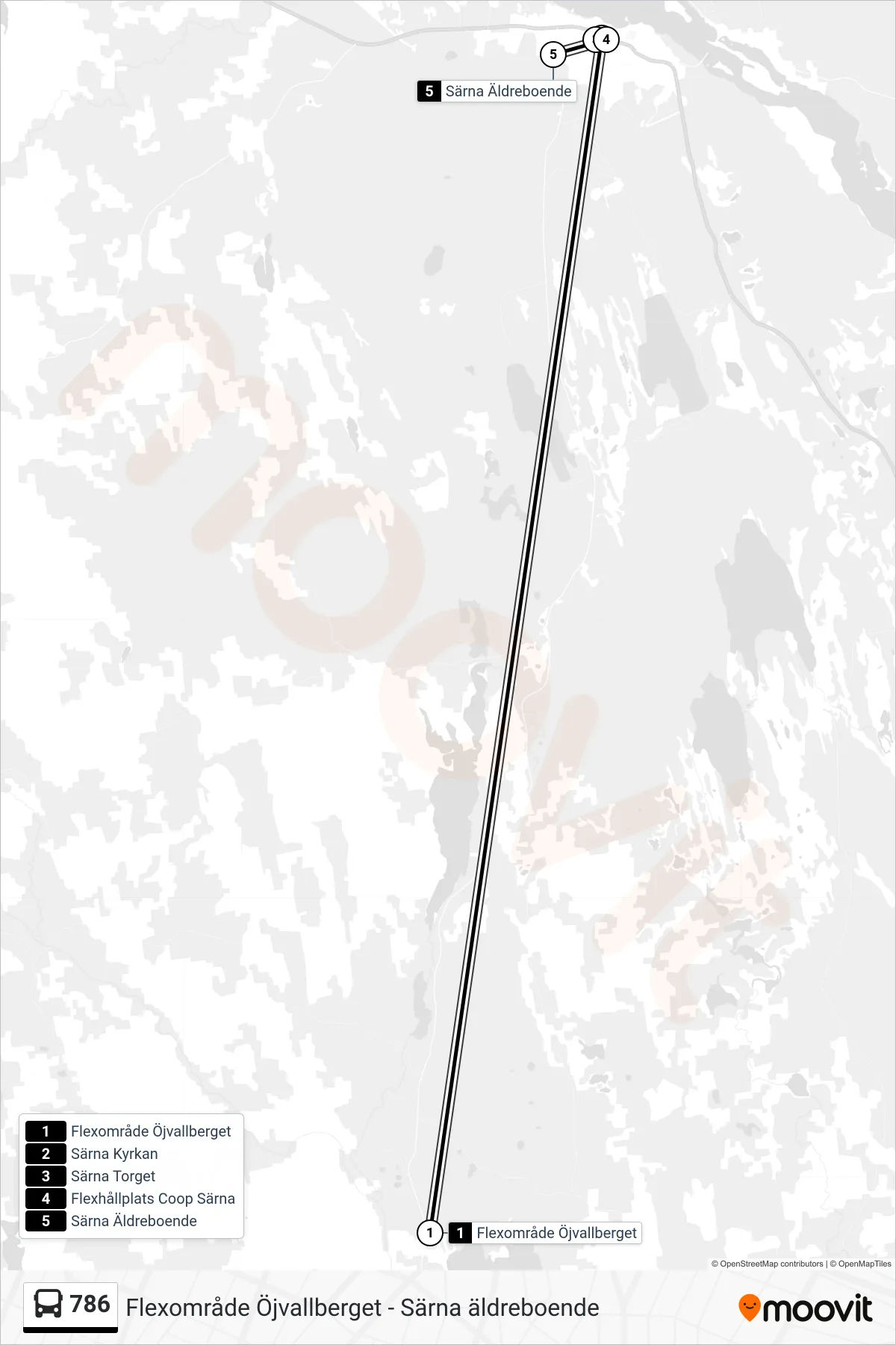 Rutt och hållplatser på karta för linje 786 spårvagn, (Särna Äldreboende)