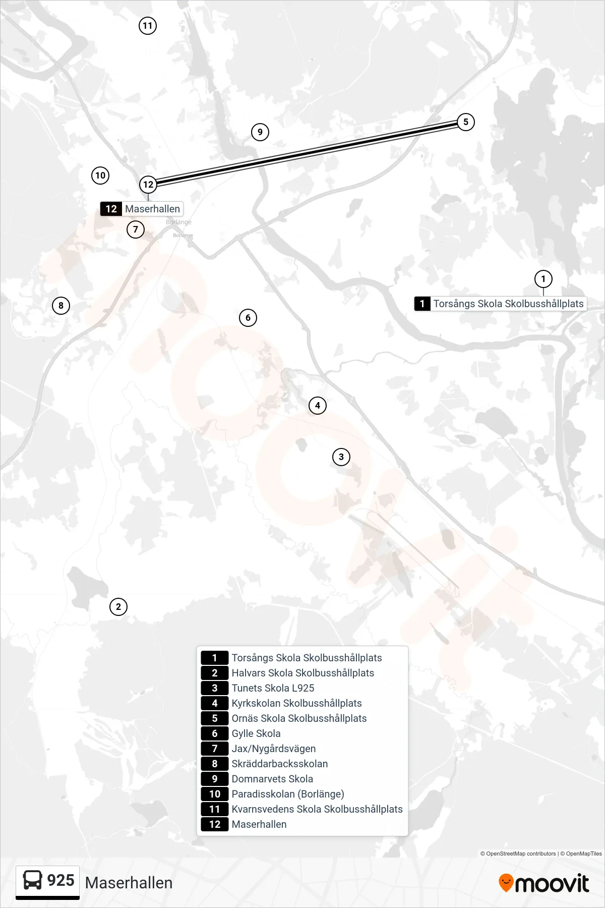 Rutt och hållplatser på karta för linje 925  spårvagn, (Maserhallen)