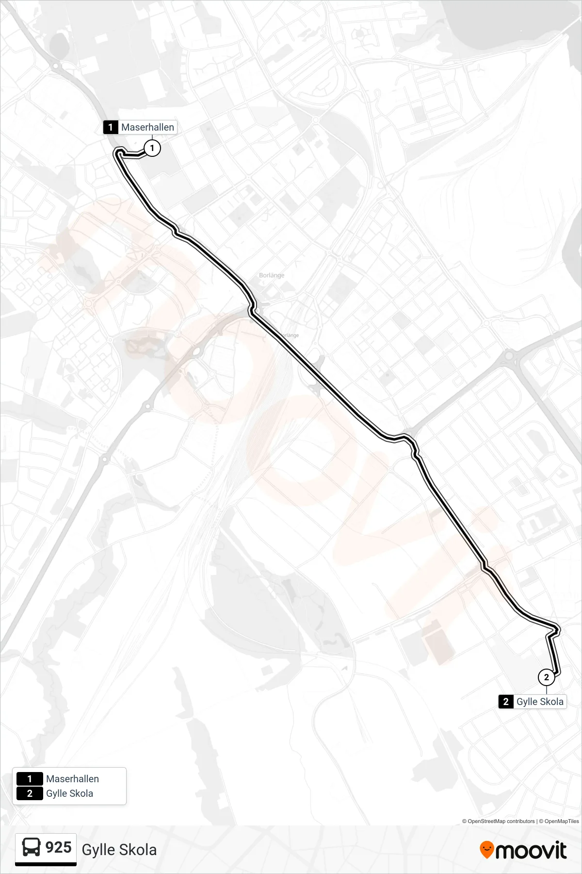 Rutt och hållplatser på karta för linje 925 spårvagn, (Gylle Skola)