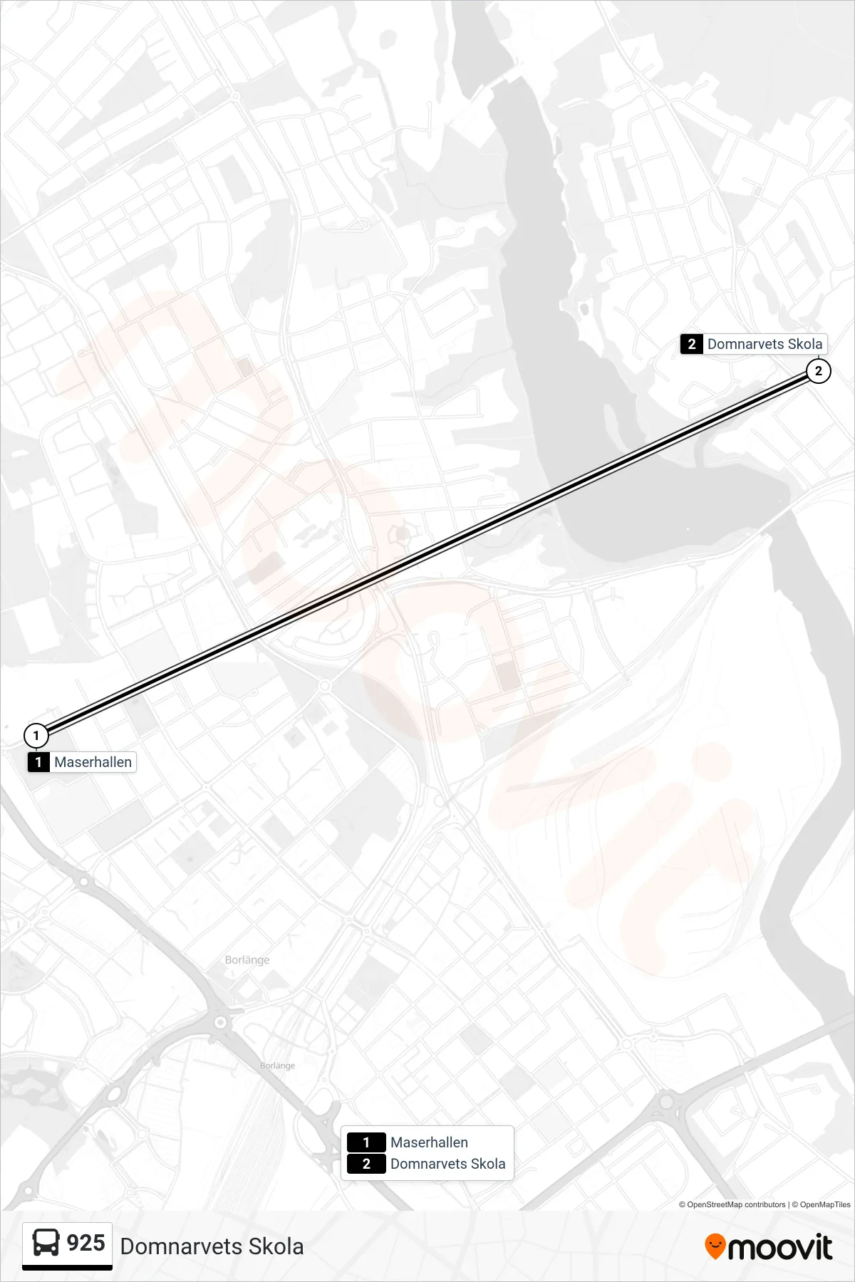 Rutt och hållplatser på karta för linje 925 spårvagn, (Domnarvets Skola)
