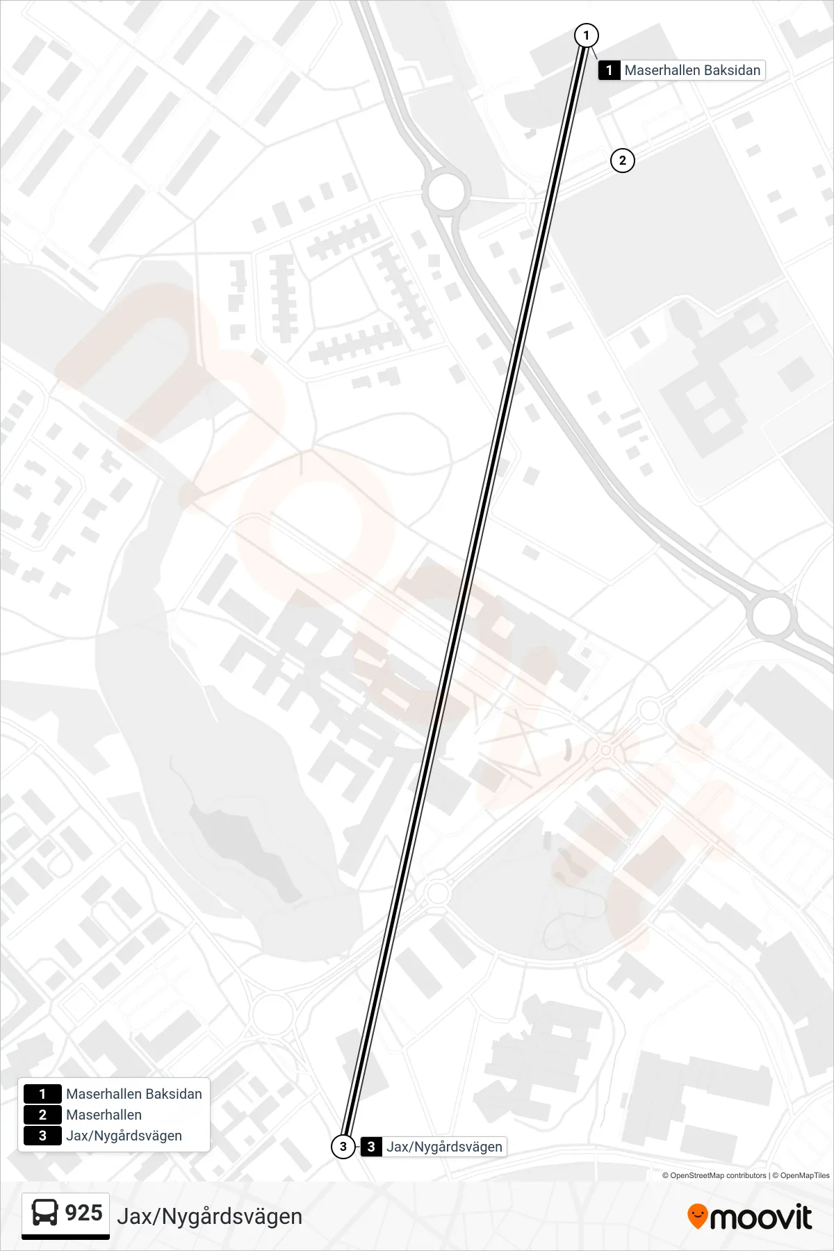 Rutt och hållplatser på karta för linje 925 spårvagn, (Jax/Nygårdsvägen)
