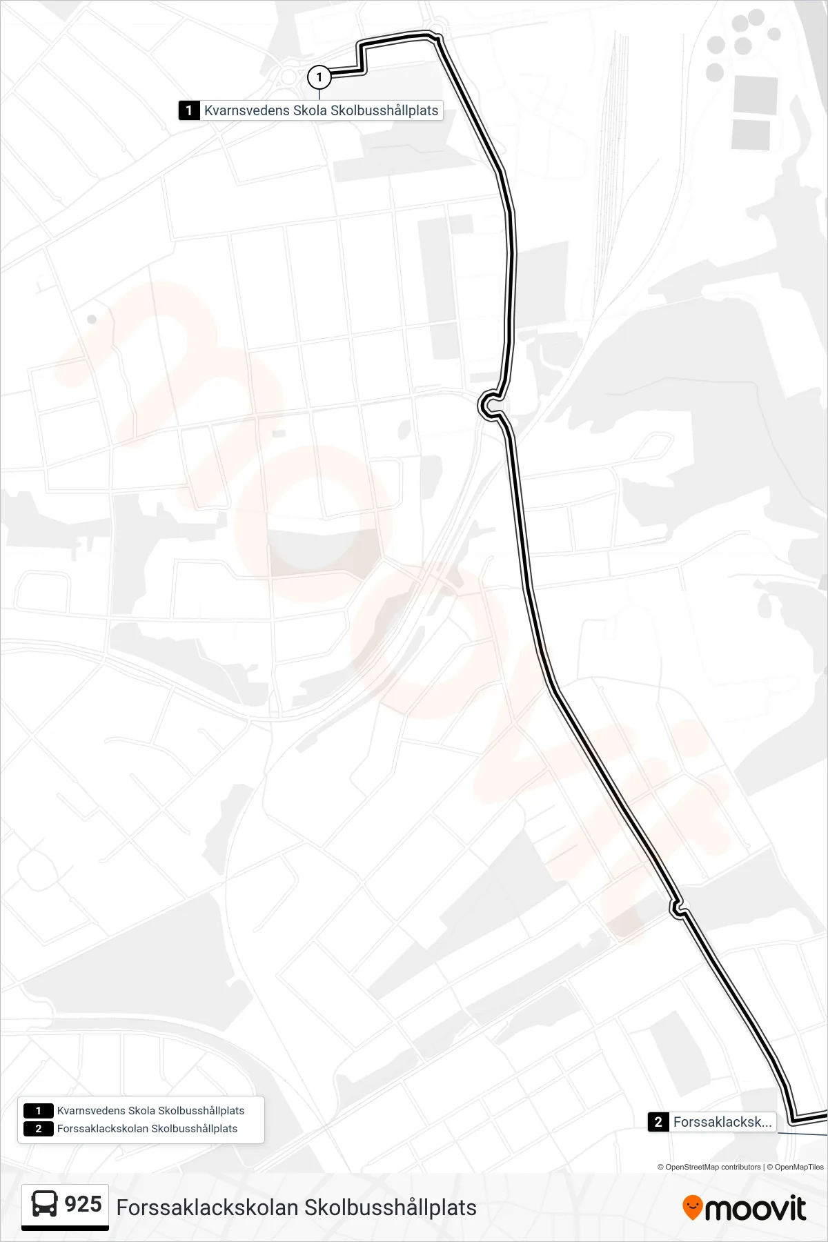 Rutt och hållplatser på karta för linje 925  spårvagn, (Forssaklackskolan Skolbusshållplats)